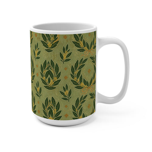 Bay Laurel Wreath 15oz Ceramic Mug Mediterranean Kitchen Linocut Design Italian Cottagecore Gift