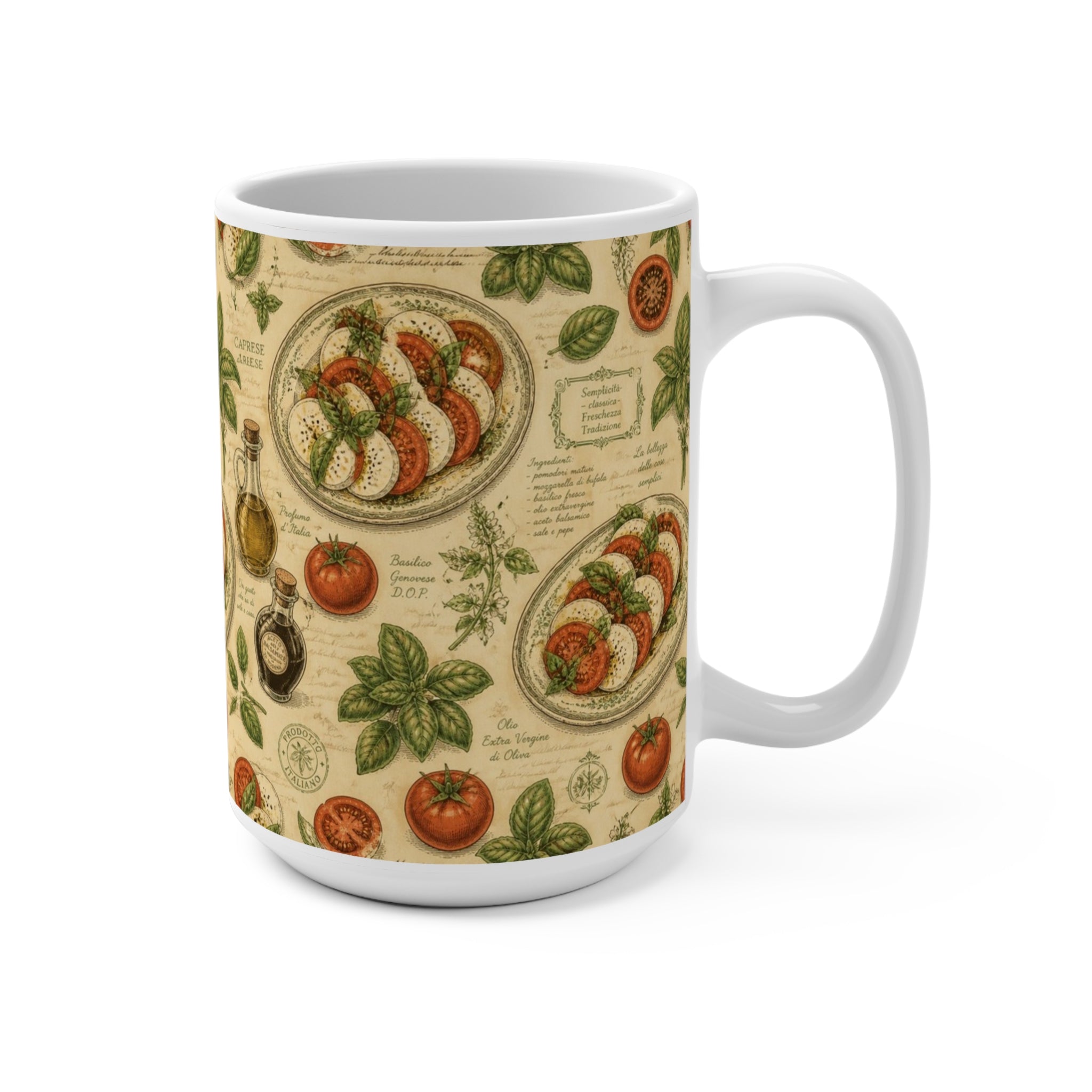 Caprese Arrangement 15oz Ceramic Mug Mediterranean Kitchen Botanical Design Italian Cottagecore Gift