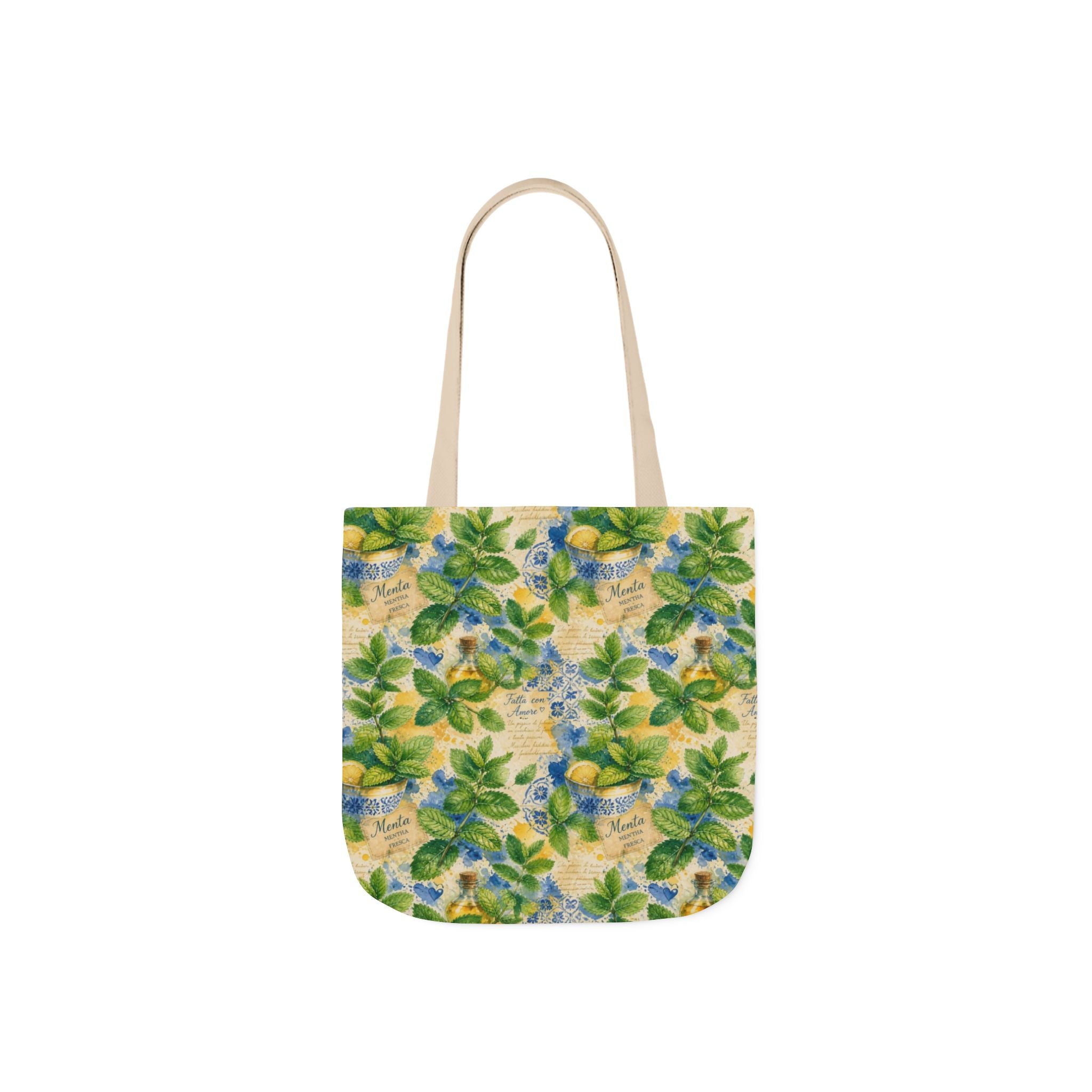 Fresh Mint Leaves Canvas Tote Bag Mediterranean Kitchen Watercolor Splash Design Italian Cottagecore Gift