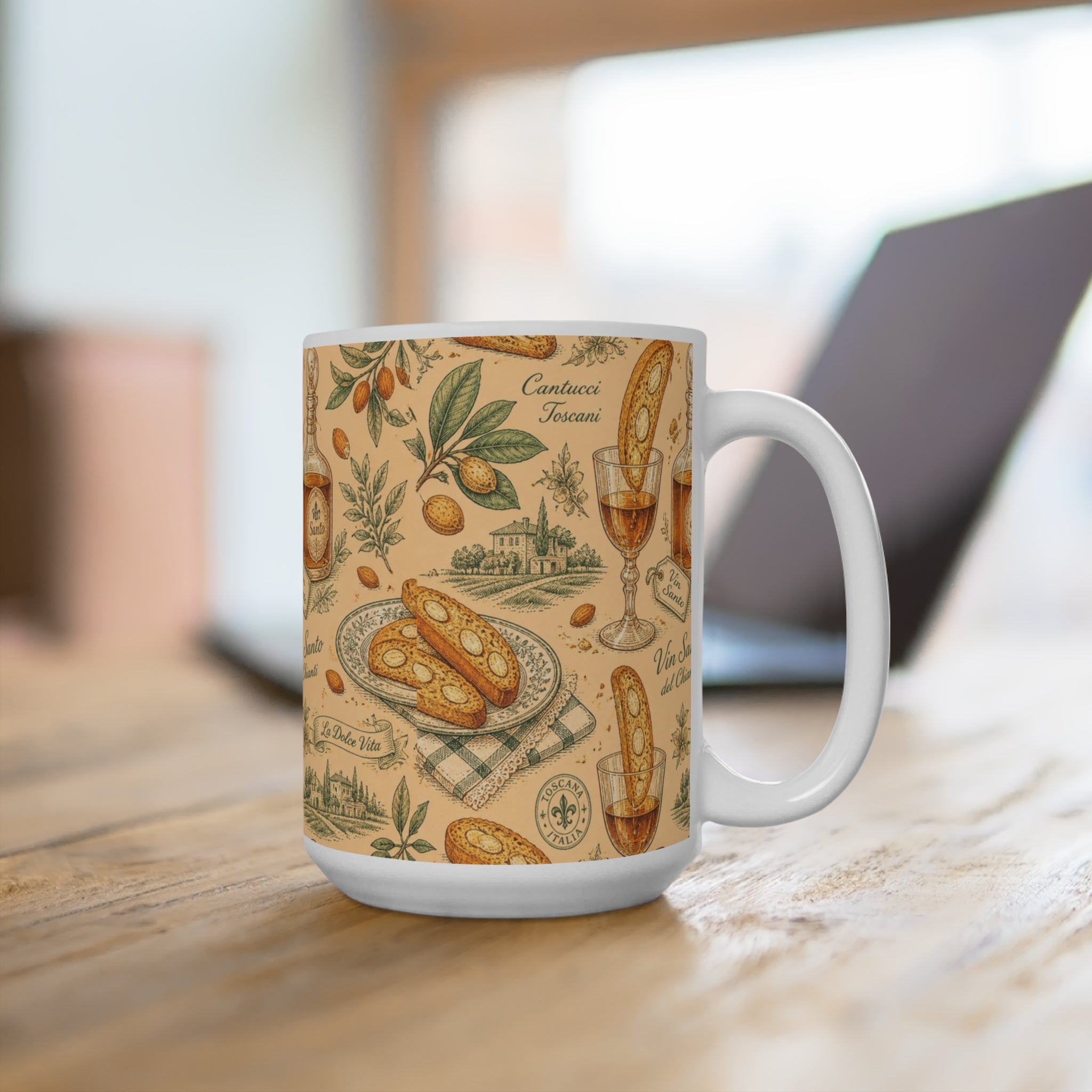 Biscotti & Vin Santo 15oz Ceramic Mug Mediterranean Kitchen Botanical Design Italian Cottagecore Gift