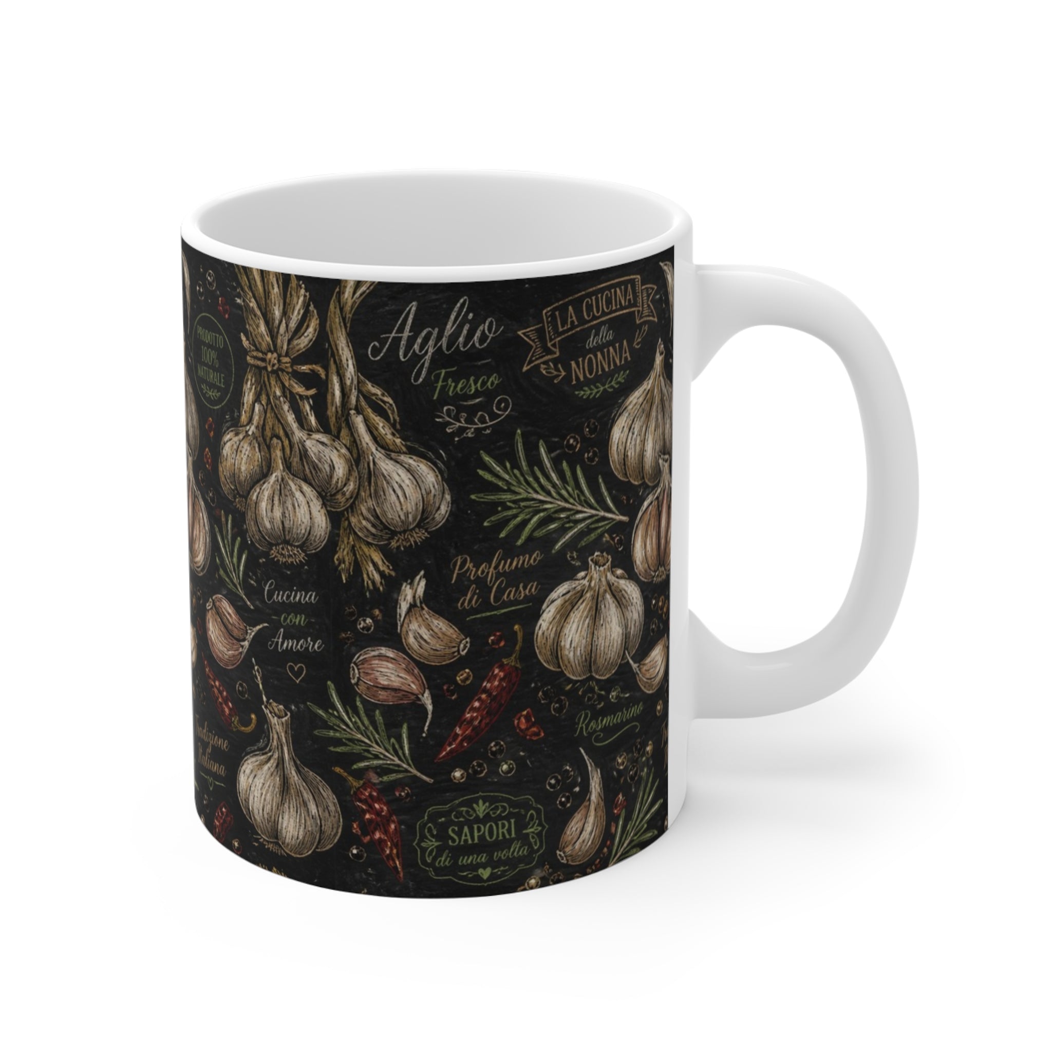Garlic Bulbs & Cloves 11oz Ceramic Mug Mediterranean Kitchen Chalk Art Design Italian Cottagecore Gift