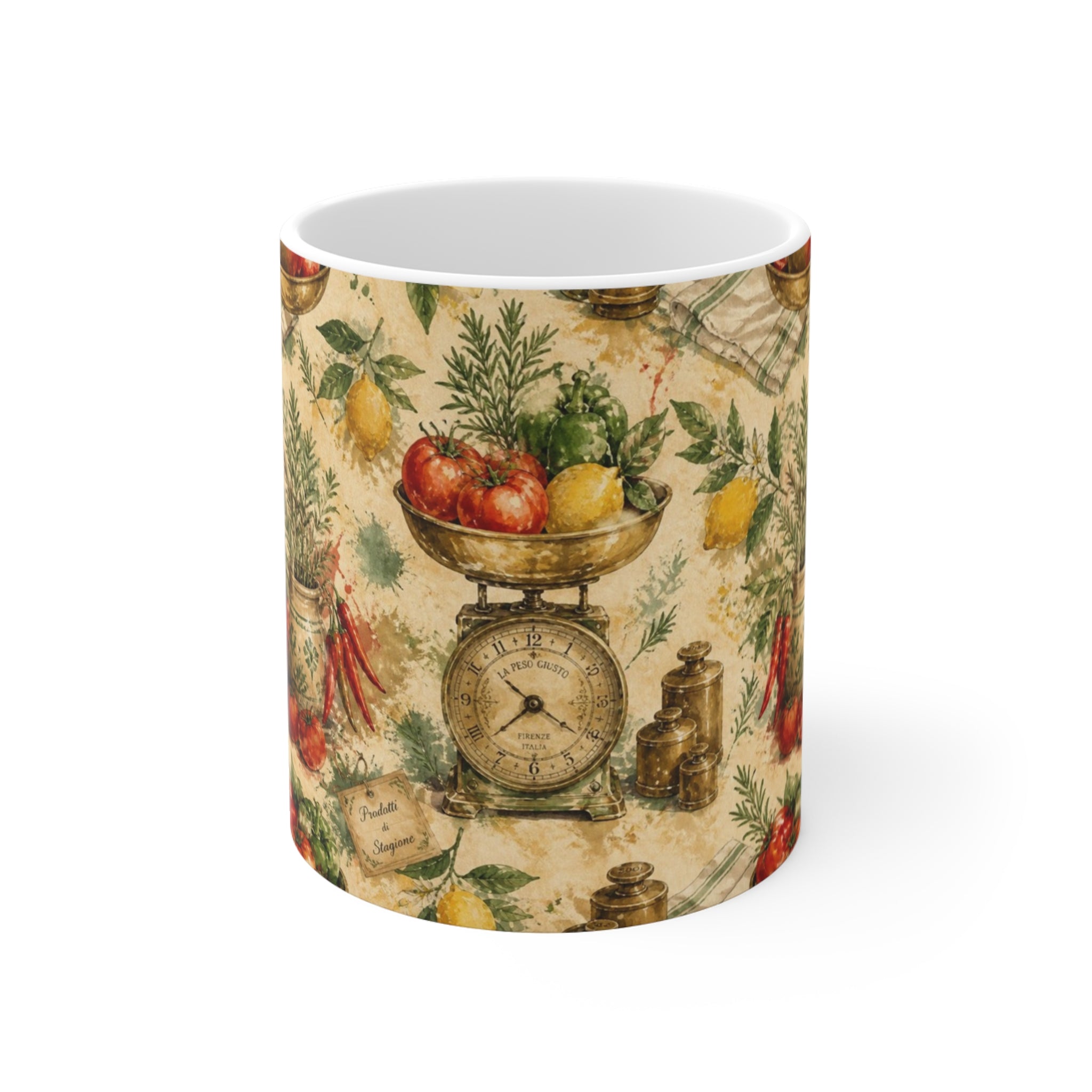 Vintage Kitchen Scale 11oz Ceramic Mug Mediterranean Kitchen Watercolor Splash Design Italian Cottagecore Gift