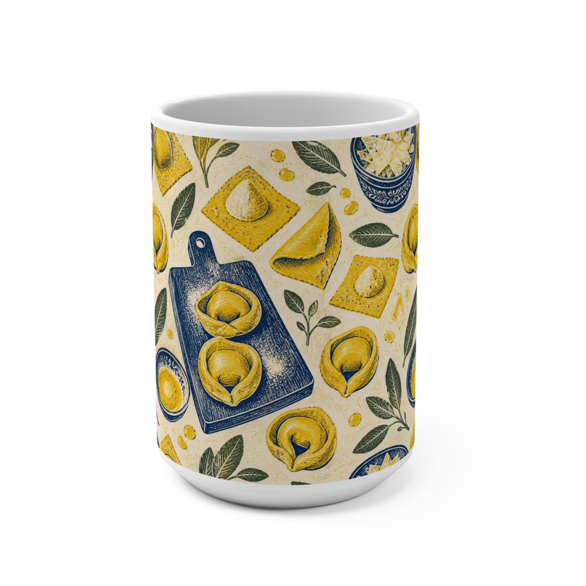 Tortellini with Sage 15oz Ceramic Mug Mediterranean Kitchen Linocut Design Italian Cottagecore Gift
