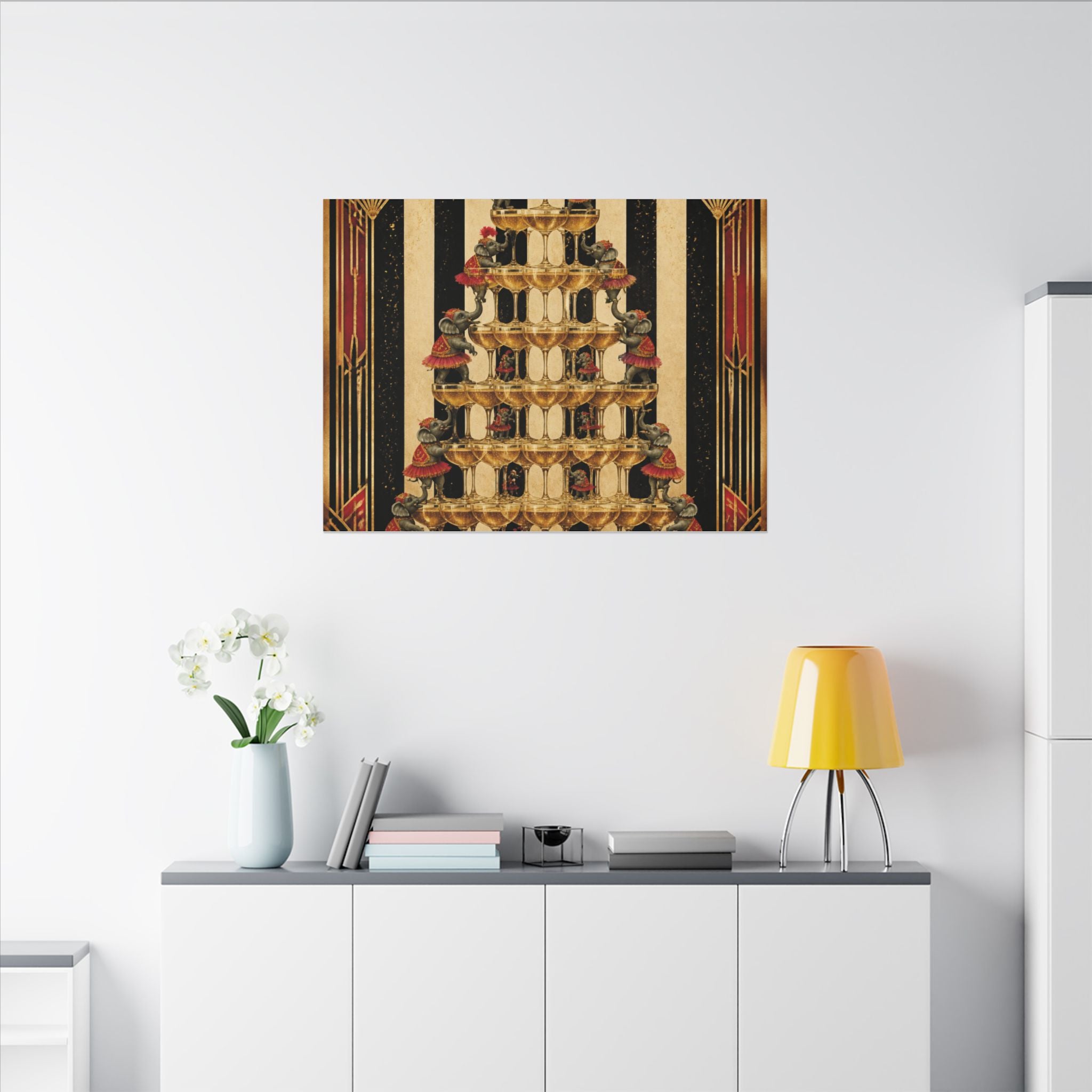 Champagne Tower Elephants Wall Art Canvas 24×36 Art Deco Bar Area Decor Maximalist Print