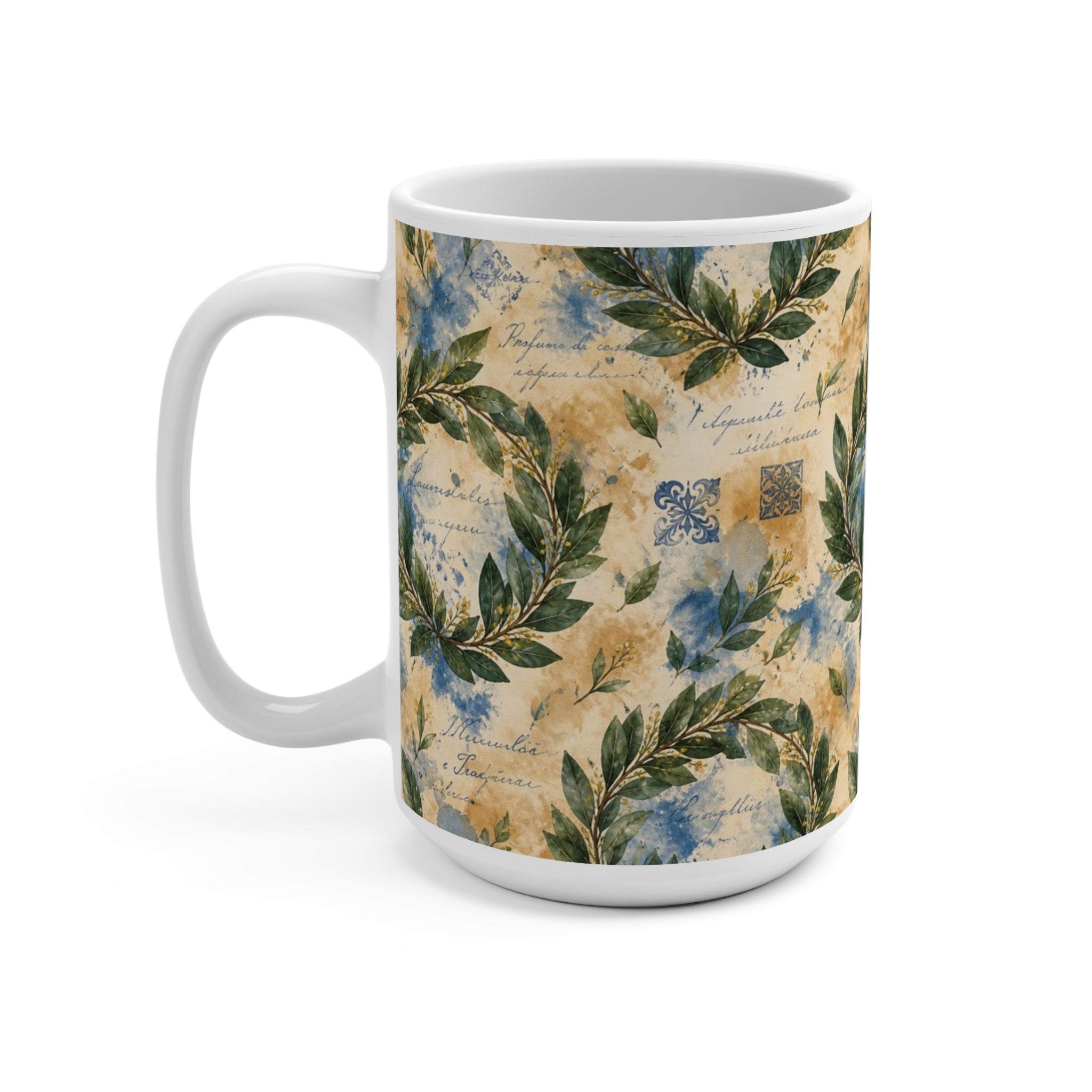 Bay Laurel Wreath 15oz Ceramic Mug Mediterranean Kitchen Watercolor Splash Design Italian Cottagecore Gift