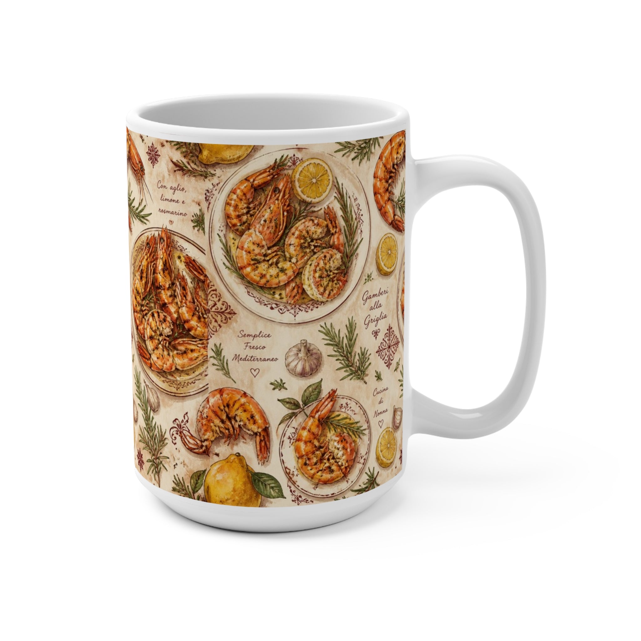 Mediterranean Shrimp 15oz Ceramic Mug Mediterranean Kitchen Watercolor Design Italian Cottagecore Gift