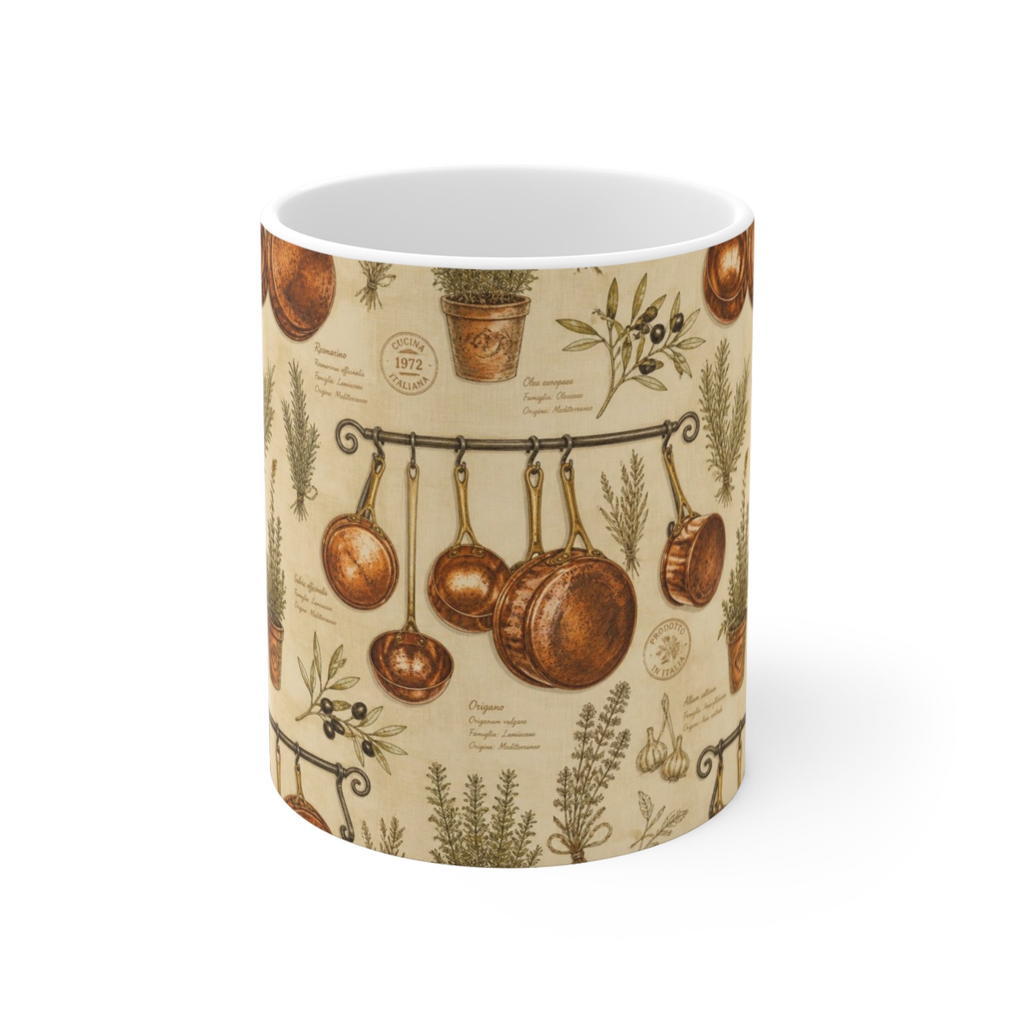 Copper Cookware 11oz Ceramic Mug Mediterranean Kitchen Botanical Design Italian Cottagecore Gift