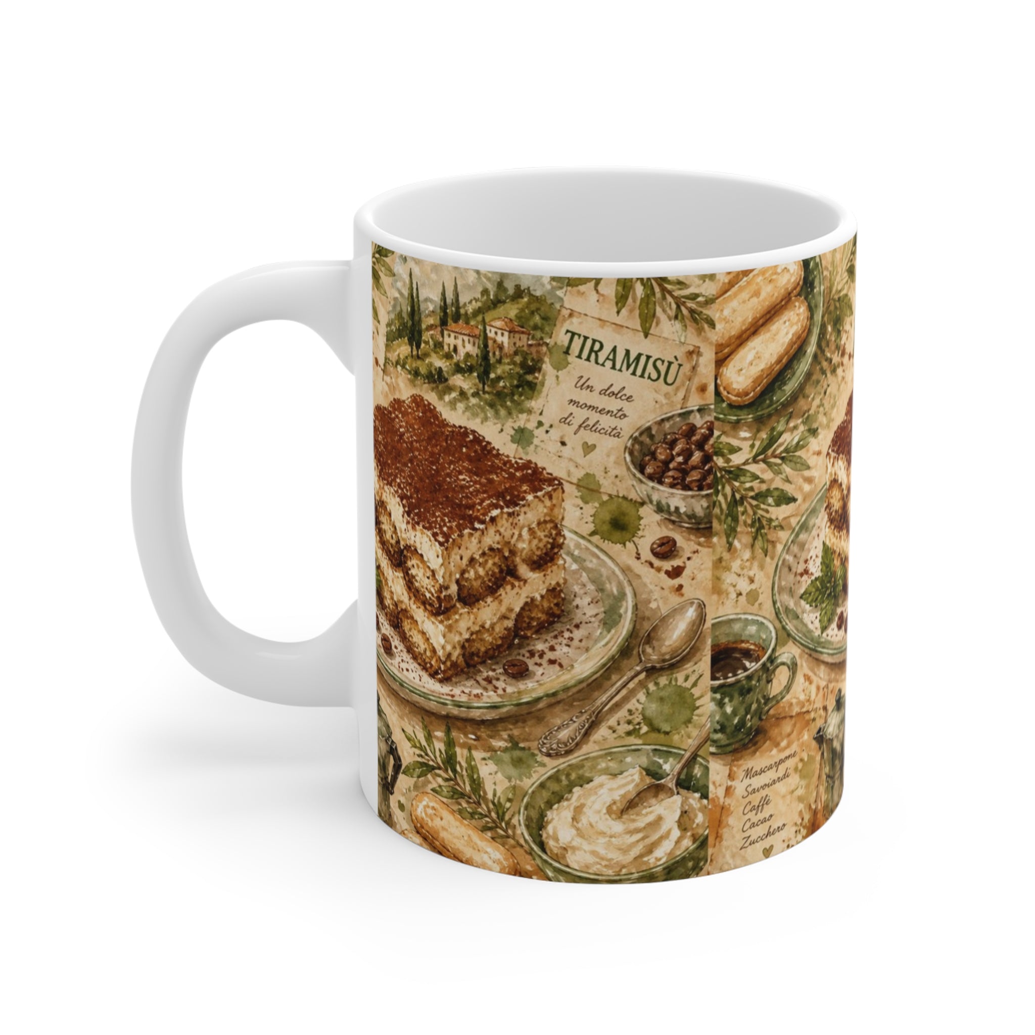 Tiramisu Layers 11oz Ceramic Mug Mediterranean Kitchen Watercolor Splash Design Italian Cottagecore Gift