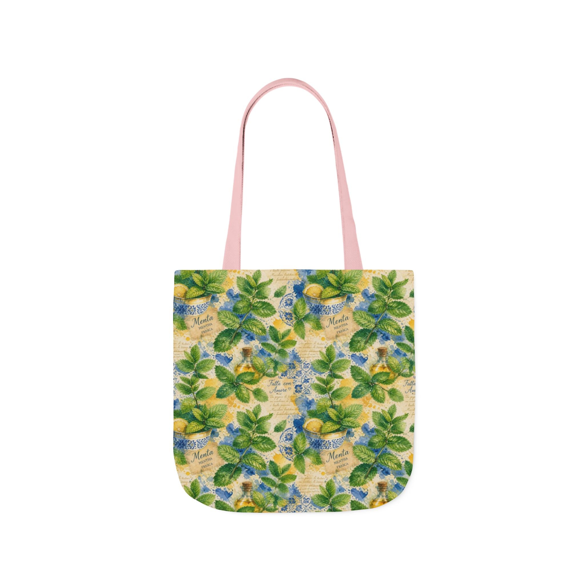 Fresh Mint Leaves Canvas Tote Bag Mediterranean Kitchen Watercolor Splash Design Italian Cottagecore Gift