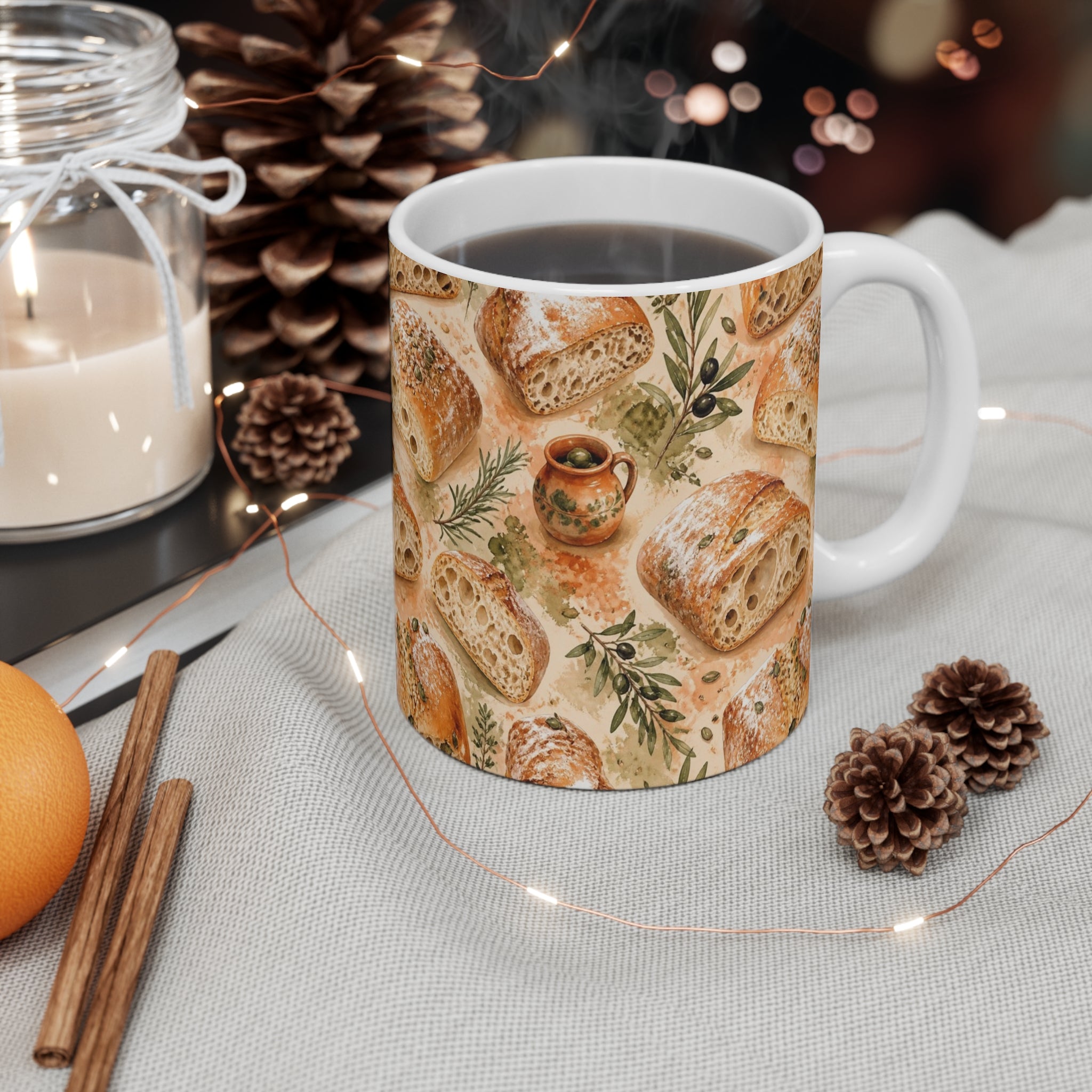 Ciabatta Rolls 11oz Ceramic Mug Mediterranean Kitchen Watercolor Splash Design Italian Cottagecore Gift