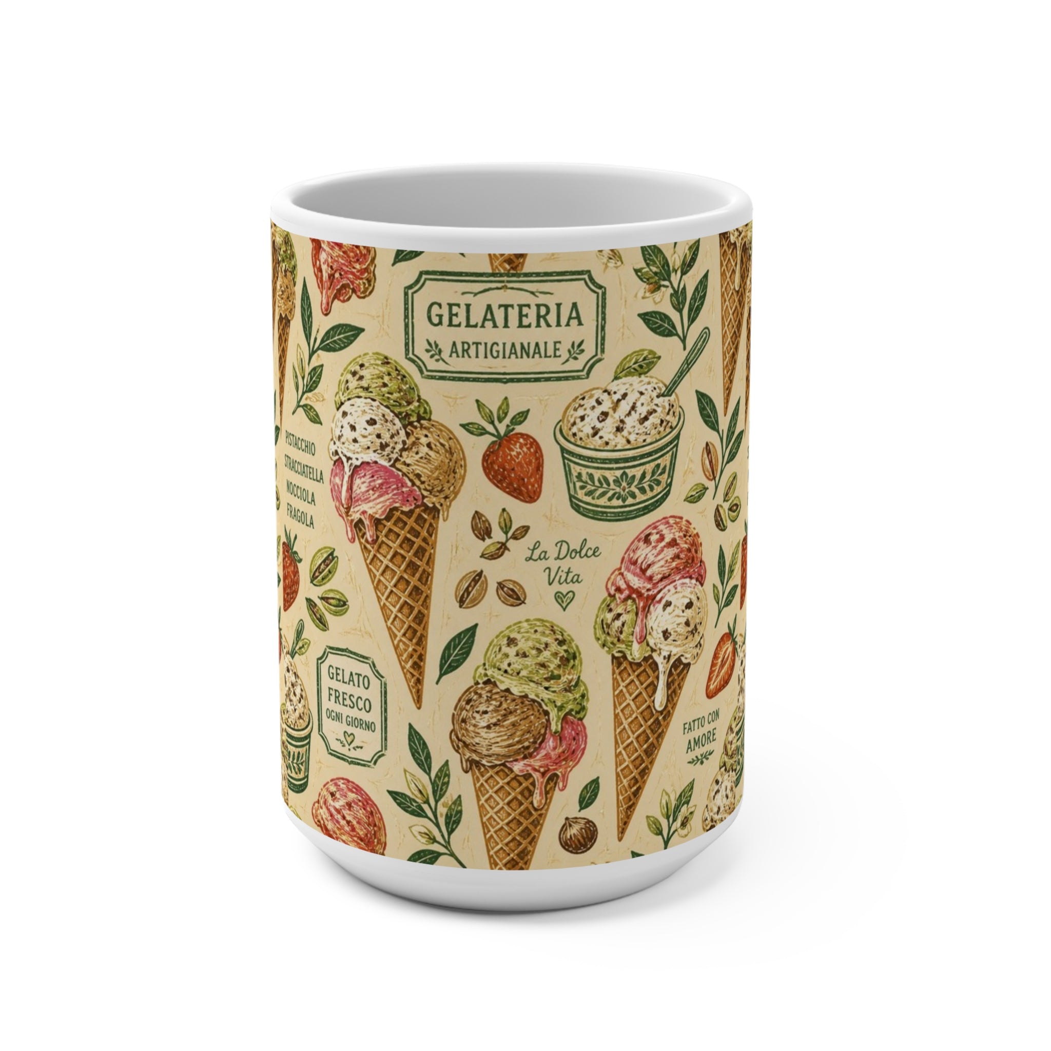 Gelato Scoops 15oz Ceramic Mug Mediterranean Kitchen Linocut Design Italian Cottagecore Gift
