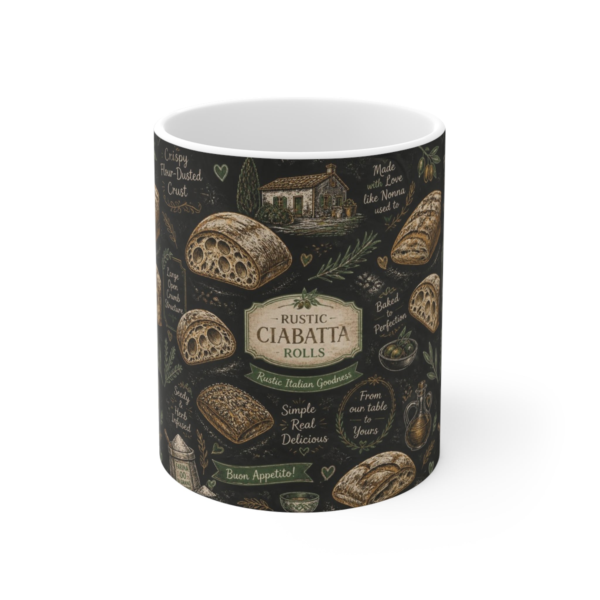 Ciabatta Rolls 11oz Ceramic Mug Mediterranean Kitchen Chalk Art Design Italian Cottagecore Gift