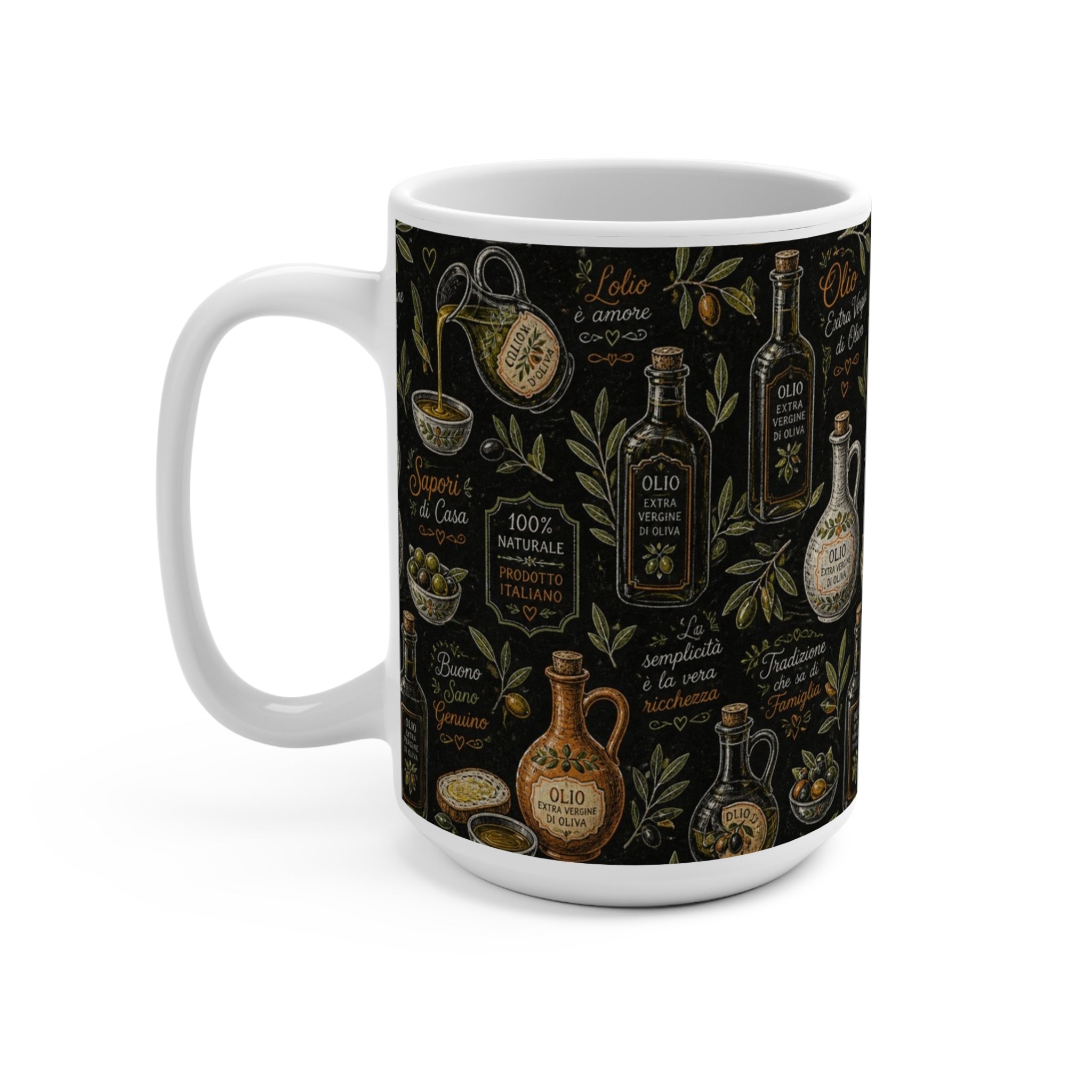 Olive Oil Bottles 15oz Ceramic Mug Mediterranean Kitchen Chalk Art Design Italian Cottagecore Gift