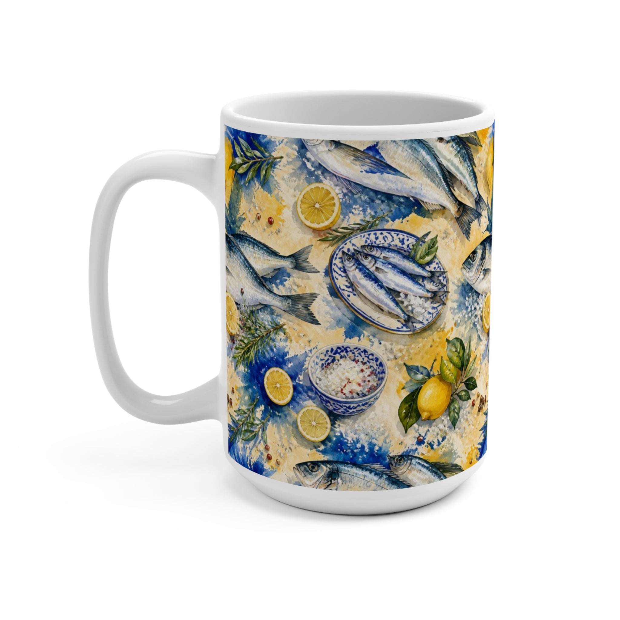 Mediterranean Fish 15oz Ceramic Mug Mediterranean Kitchen Watercolor Splash Design Italian Cottagecore Gift