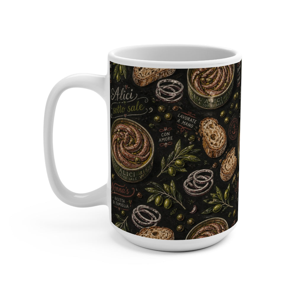 Anchovies & Capers 15oz Ceramic Mug Mediterranean Kitchen Chalk Art Design Italian Cottagecore Gift