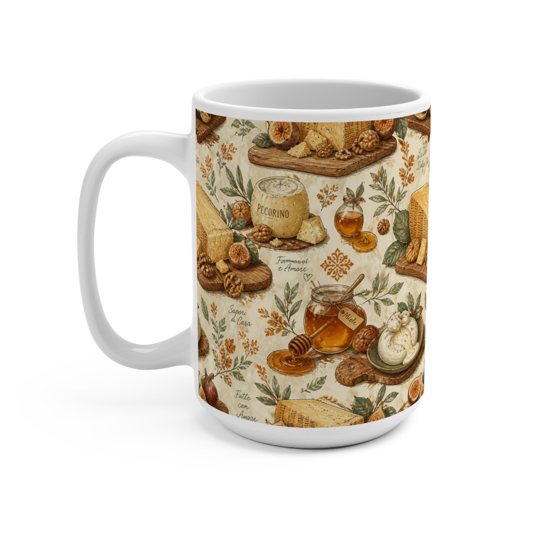 Italian Cheese Board 15oz Ceramic Mug Mediterranean Kitchen Watercolor Design Italian Cottagecore Gift