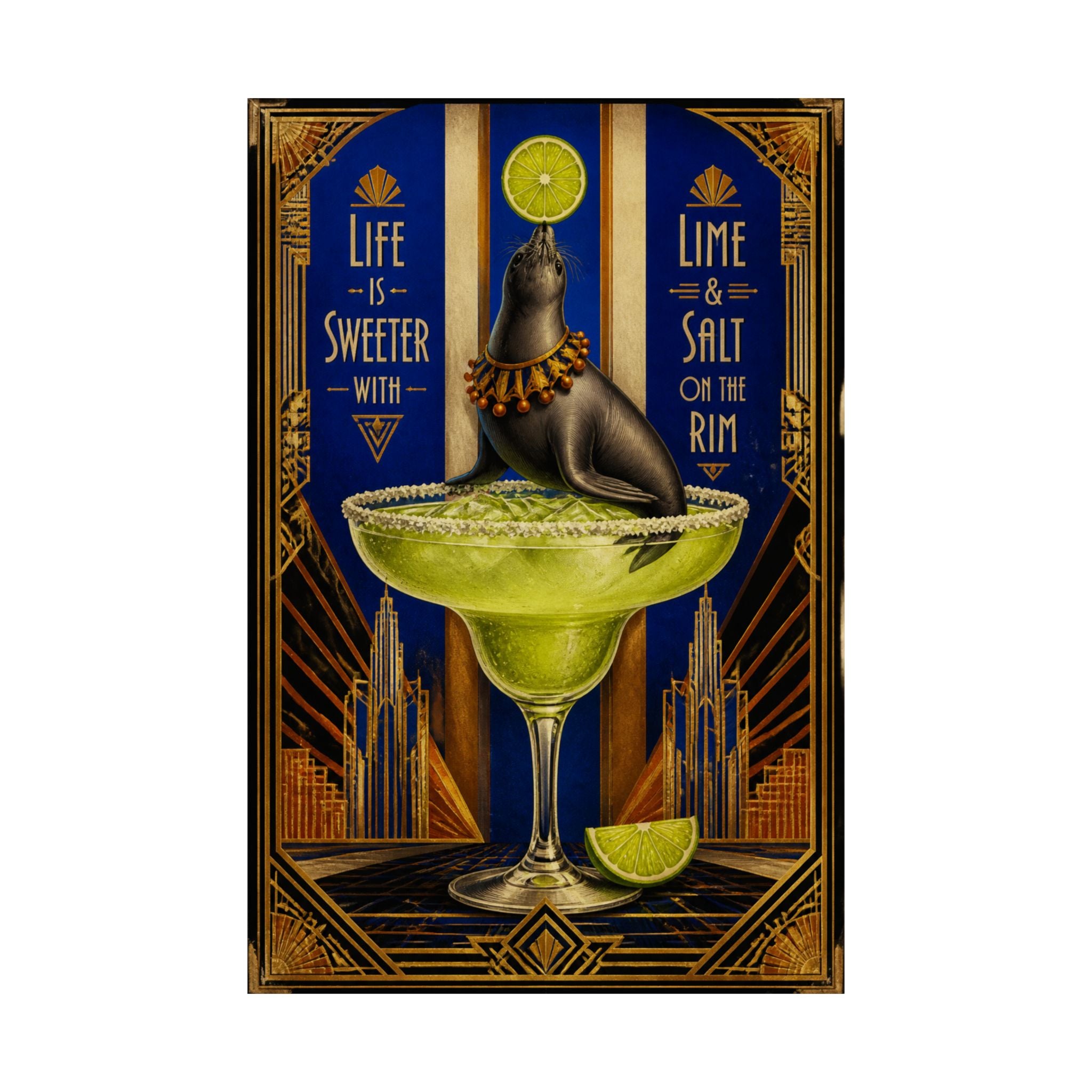 Margarita Balancing Seal Wall Art Poster 24×36 Art Deco Bar Area Decor Maximalist Print
