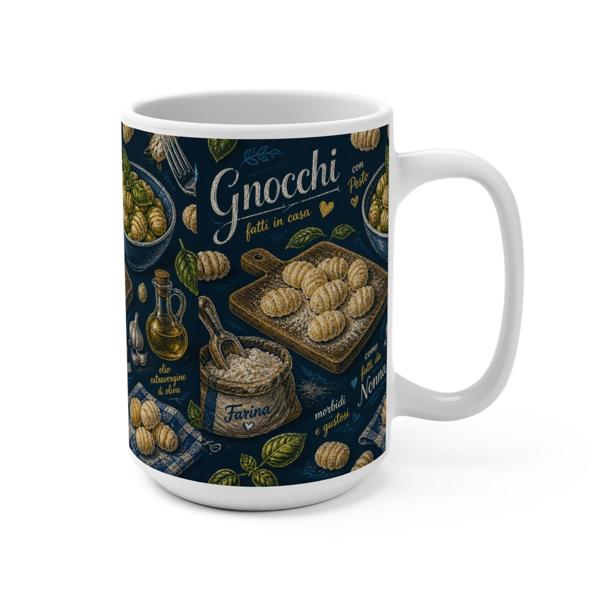 Potato Gnocchi 15oz Ceramic Mug Mediterranean Kitchen Chalk Art Design Italian Cottagecore Gift