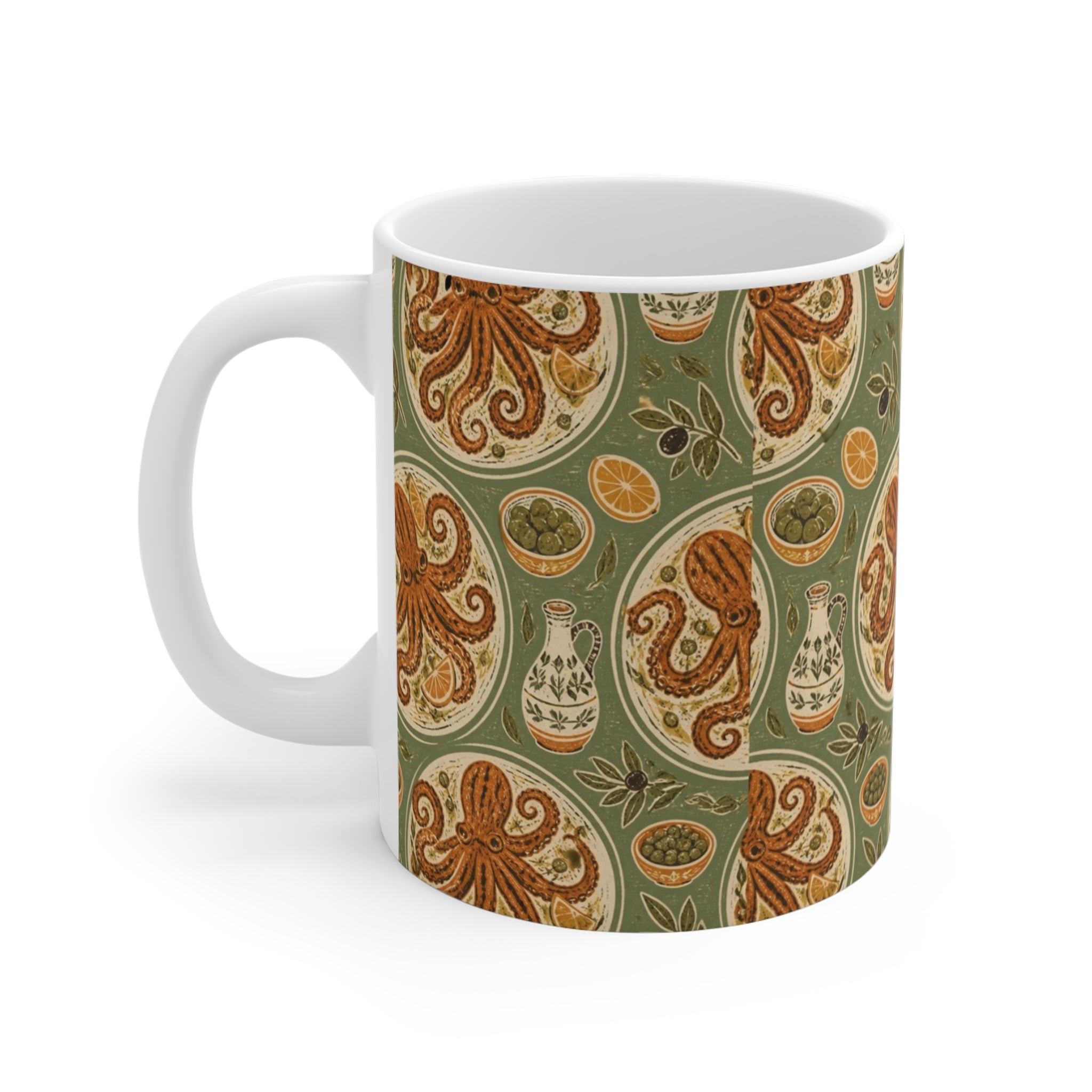 Grilled Octopus 11oz Ceramic Mug Mediterranean Kitchen Linocut Design Italian Cottagecore Gift