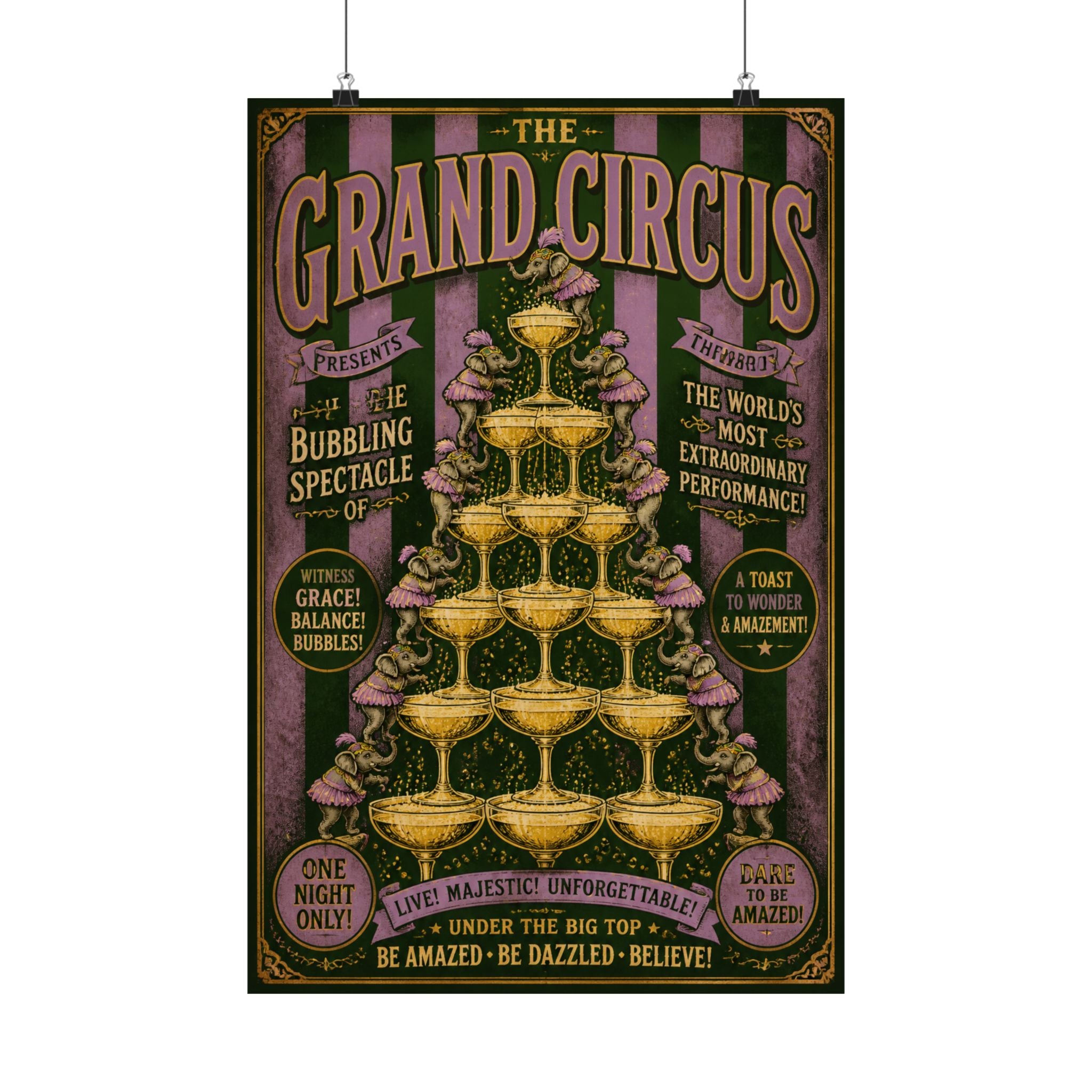 Champagne Tower Elephants Wall Art Poster 18×24 Vintage Circus Kitchen Decor Maximalist Print