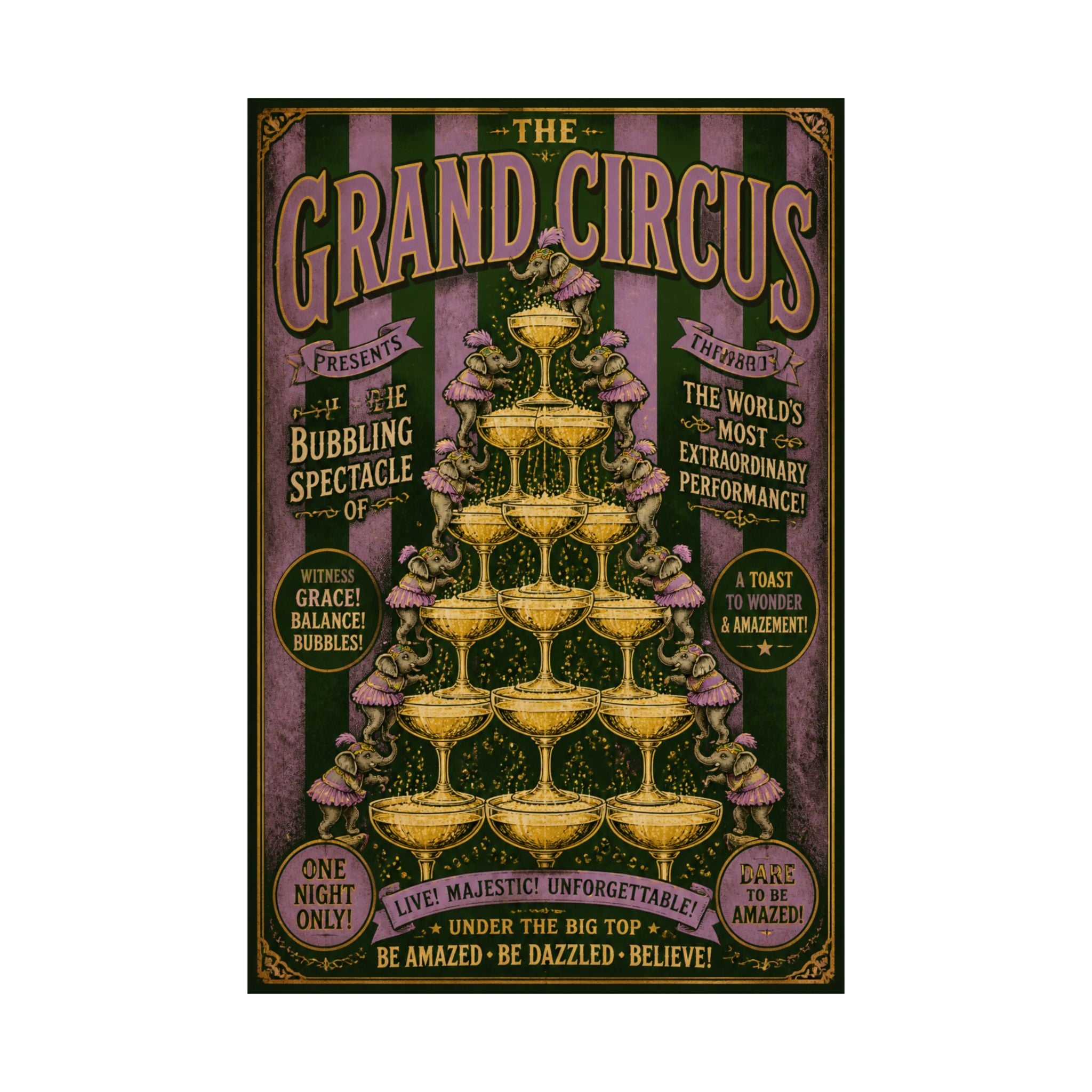Champagne Tower Elephants Wall Art Poster 18×24 Vintage Circus Kitchen Decor Maximalist Print