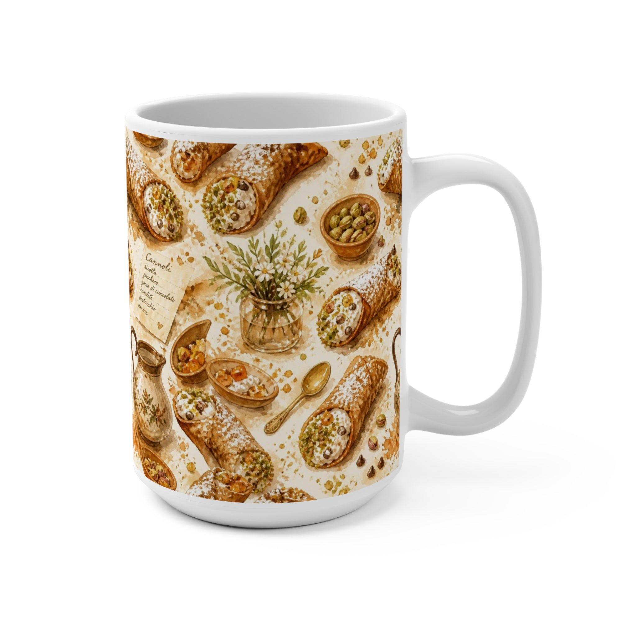 Sicilian Cannoli 15oz Ceramic Mug Mediterranean Kitchen Watercolor Splash Design Italian Cottagecore Gift