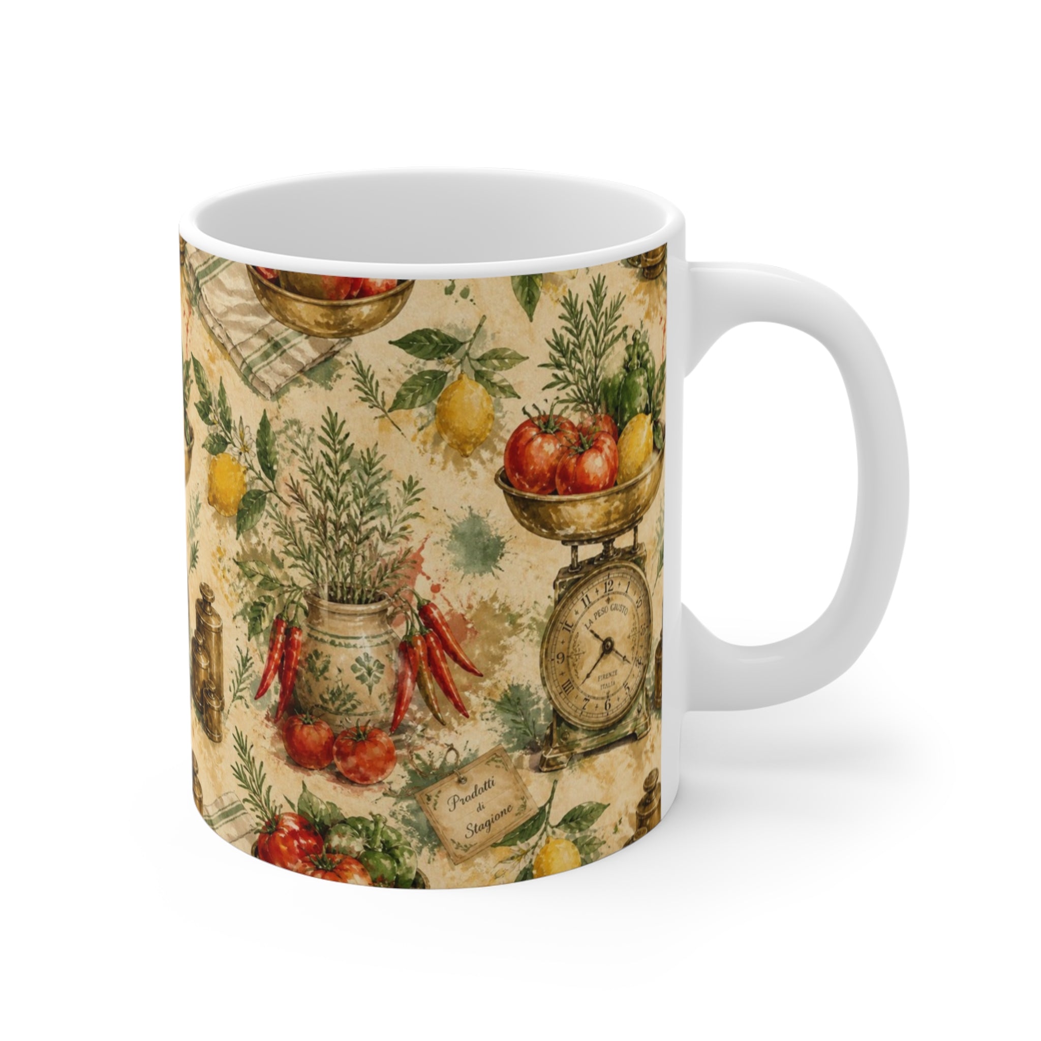 Vintage Kitchen Scale 11oz Ceramic Mug Mediterranean Kitchen Watercolor Splash Design Italian Cottagecore Gift