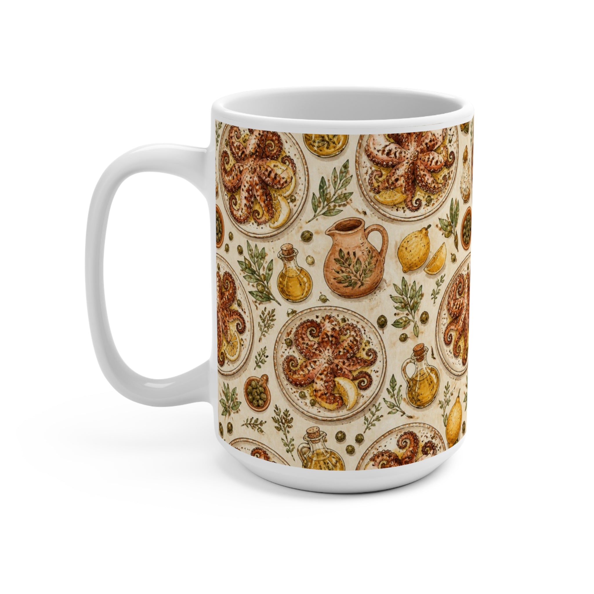 Grilled Octopus 15oz Ceramic Mug Mediterranean Kitchen Watercolor Design Italian Cottagecore Gift