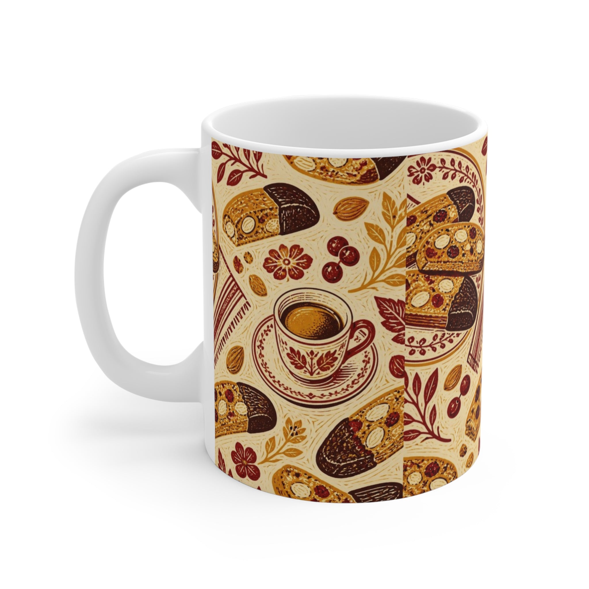 Almond Biscotti 11oz Ceramic Mug Mediterranean Kitchen Linocut Design Italian Cottagecore Gift