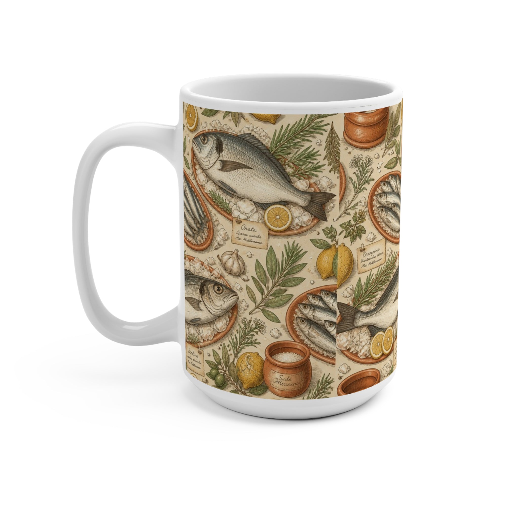 Mediterranean Fish 15oz Ceramic Mug Mediterranean Kitchen Botanical Design Italian Cottagecore Gift
