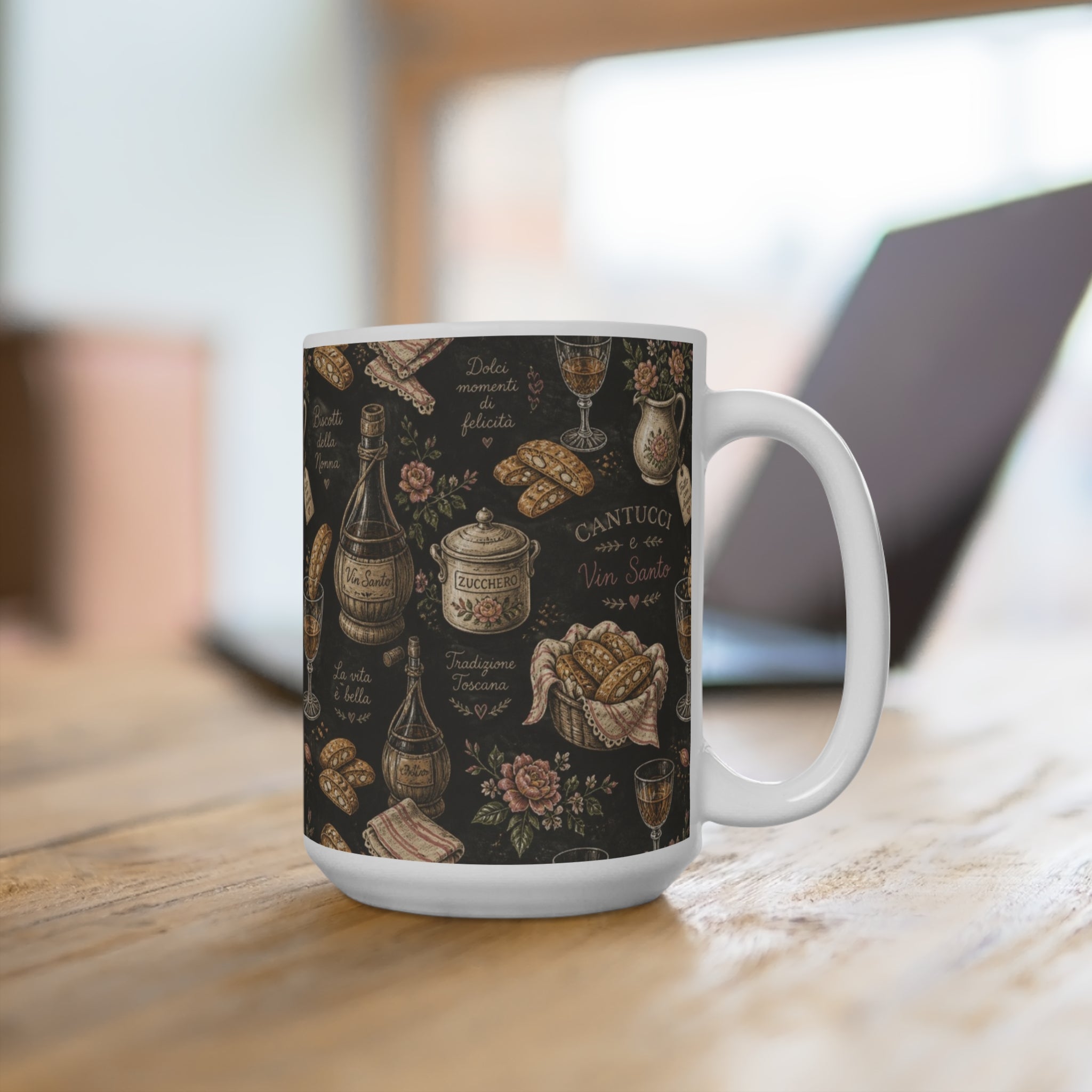 Biscotti & Vin Santo 15oz Ceramic Mug Mediterranean Kitchen Chalk Art Design Italian Cottagecore Gift