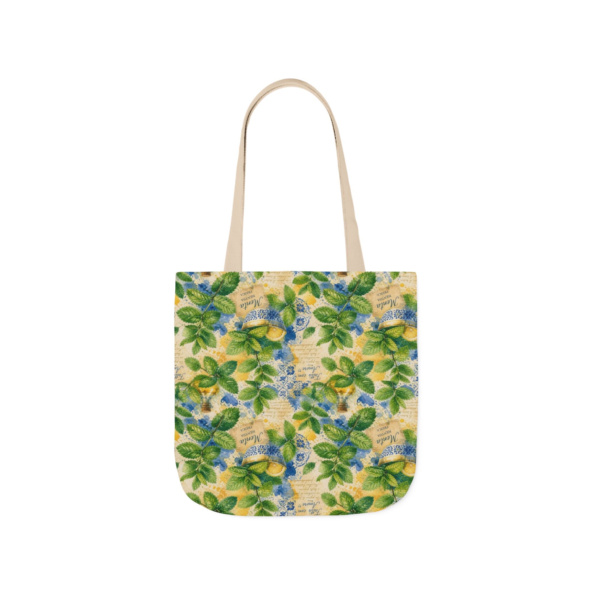 Fresh Mint Leaves Canvas Tote Bag Mediterranean Kitchen Watercolor Splash Design Italian Cottagecore Gift