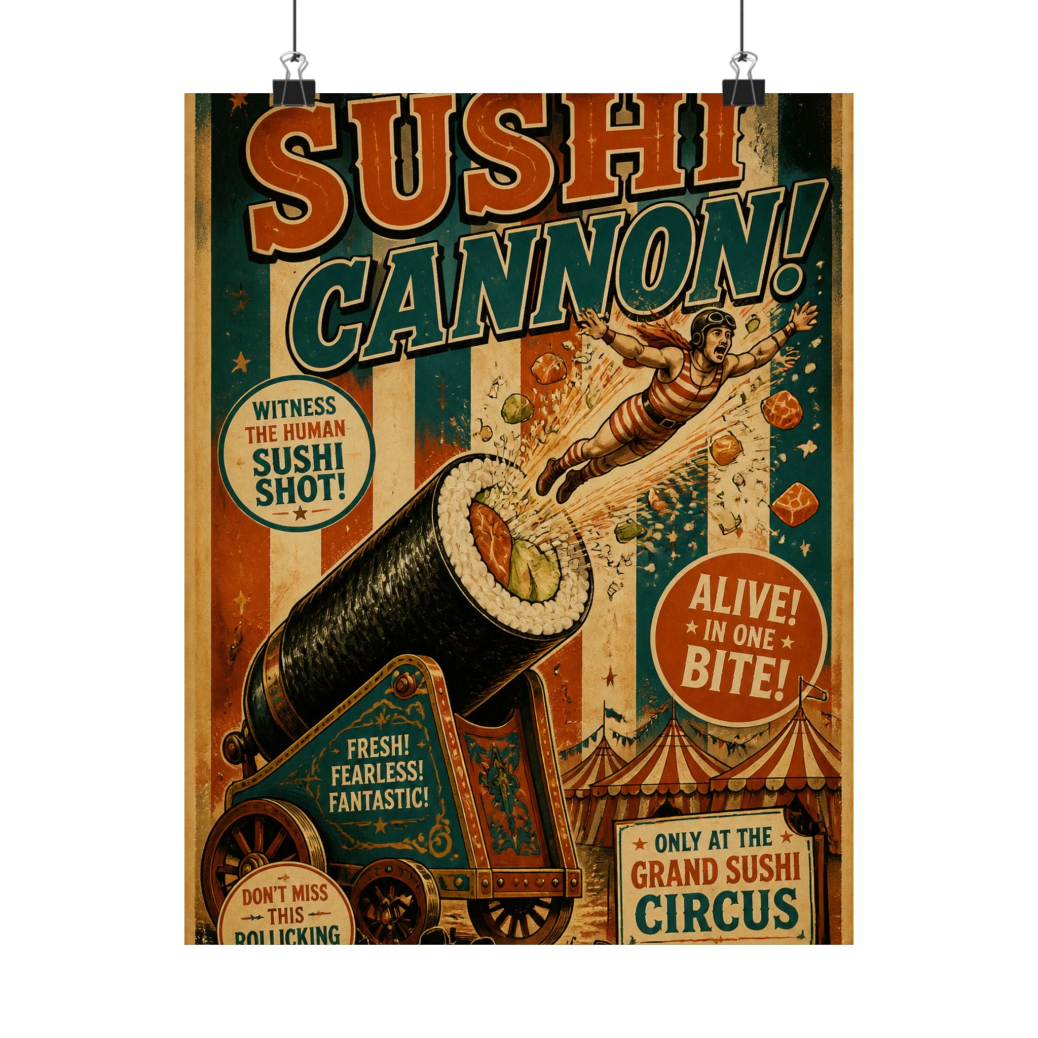 Sushi Roll Cannon Wall Art Poster 24×36 Vintage Circus Bedroom Decor Maximalist Print