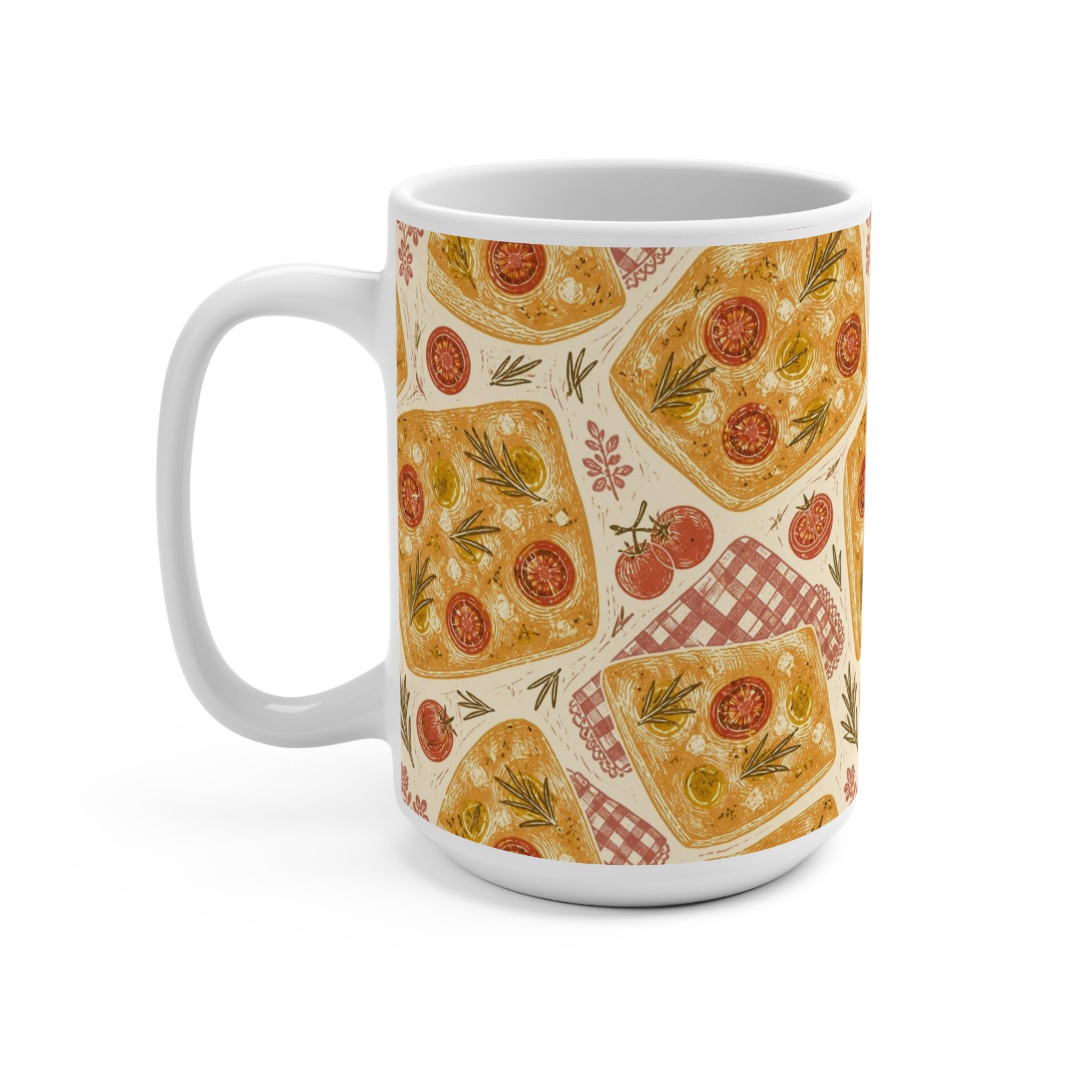 Focaccia Bread 15oz Ceramic Mug Mediterranean Kitchen Linocut Design Italian Cottagecore Gift