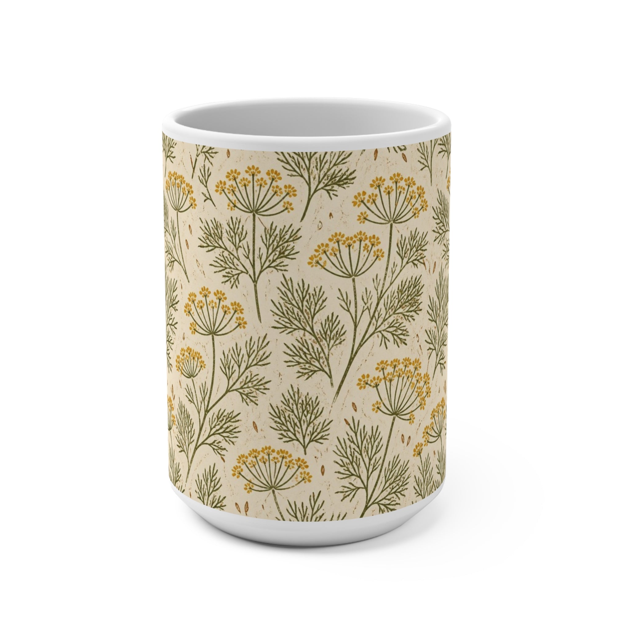 Dill Fronds 15oz Ceramic Mug Mediterranean Kitchen Linocut Design Italian Cottagecore Gift