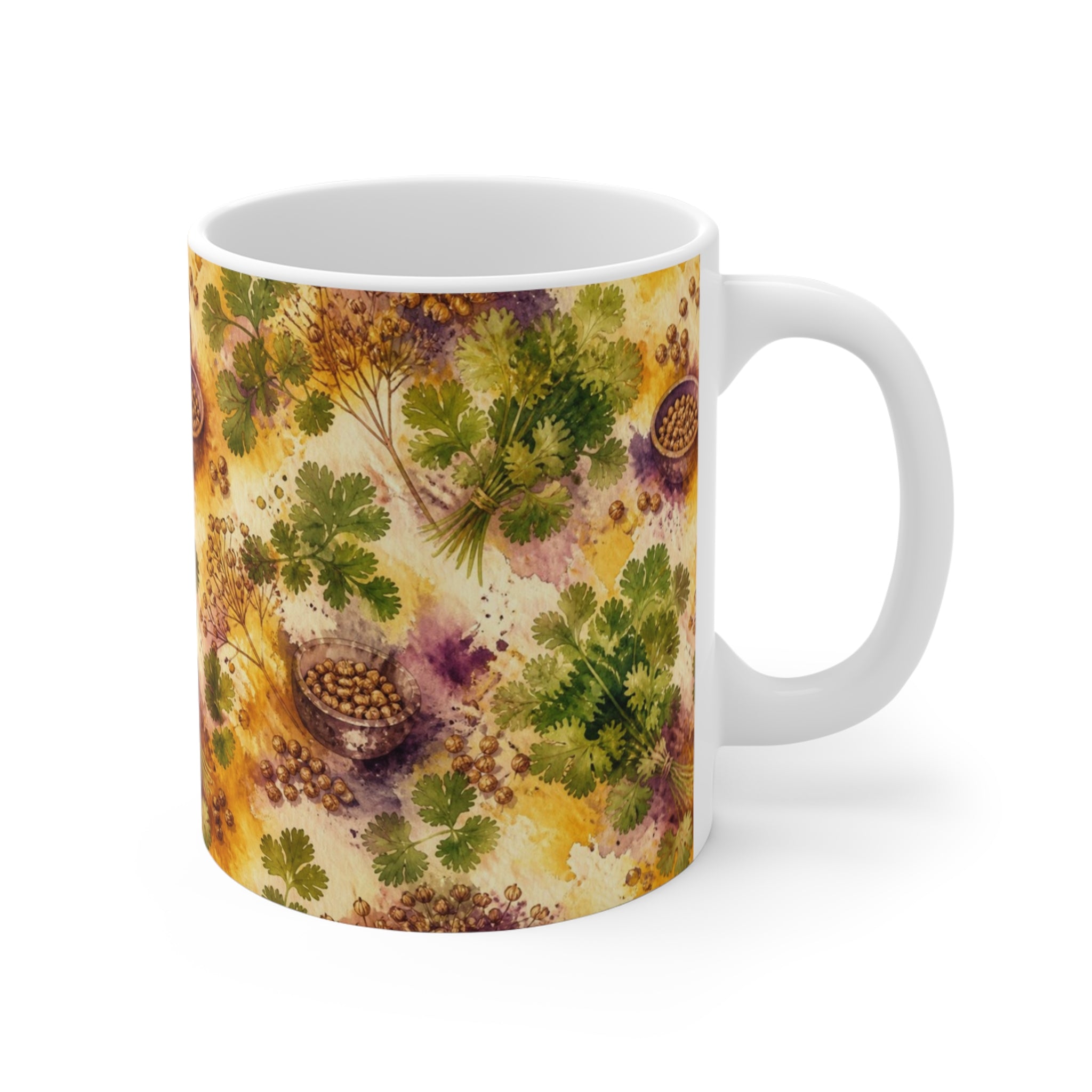 Coriander & Seeds 11oz Ceramic Mug Mediterranean Kitchen Watercolor Splash Design Italian Cottagecore Gift