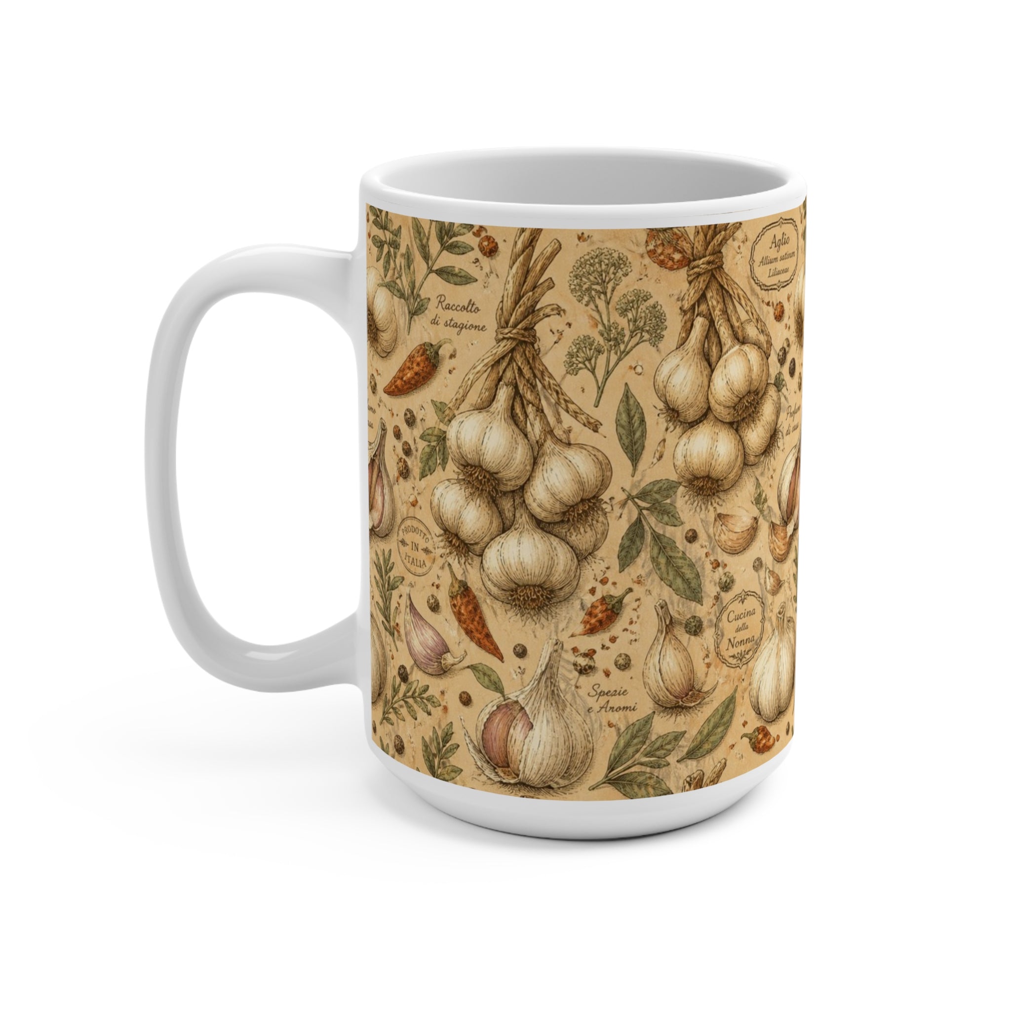 Garlic Bulbs & Cloves 15oz Ceramic Mug Mediterranean Kitchen Botanical Design Italian Cottagecore Gift