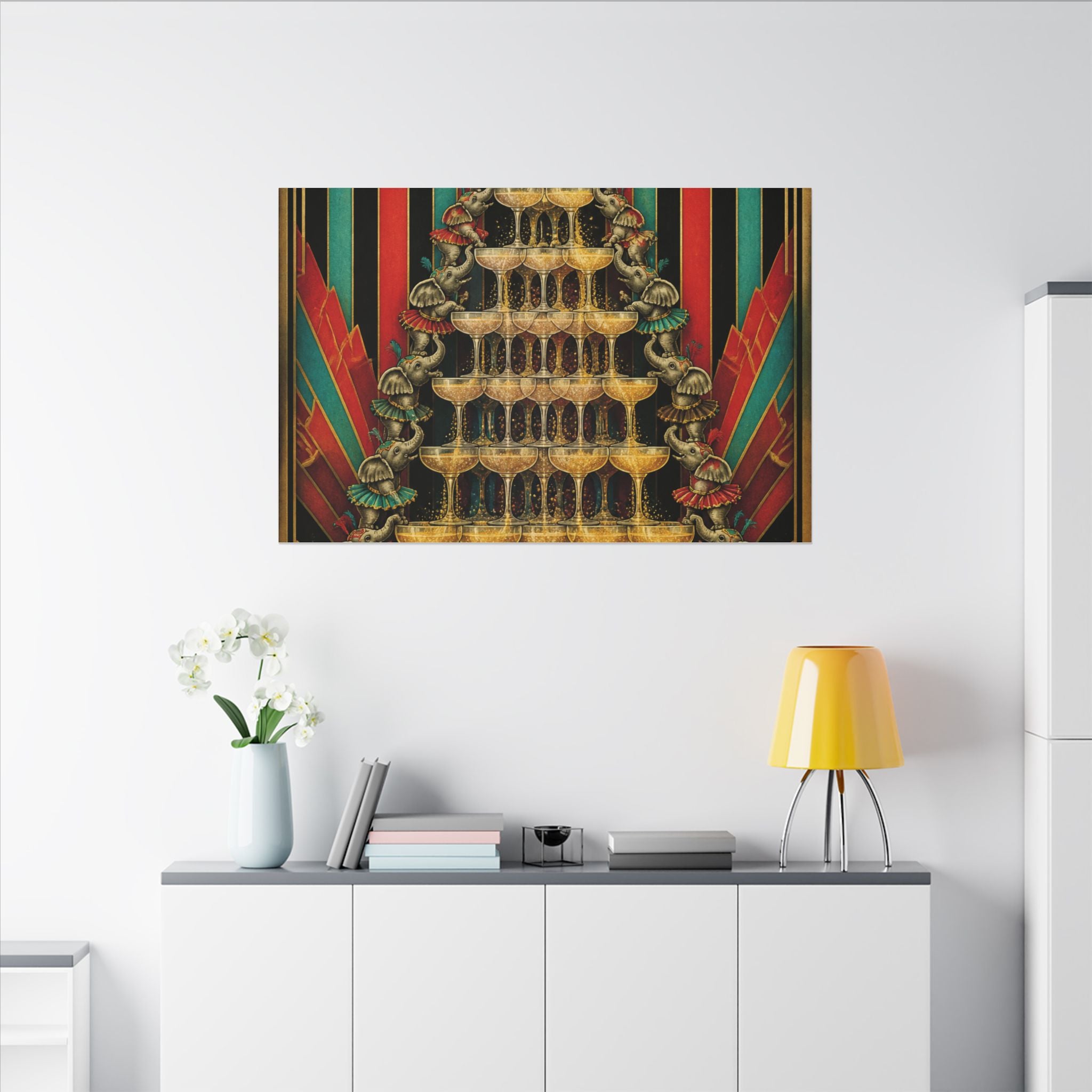 Champagne Tower Elephants Wall Art Canvas 16×20 Art Deco Entryway Decor Maximalist Print
