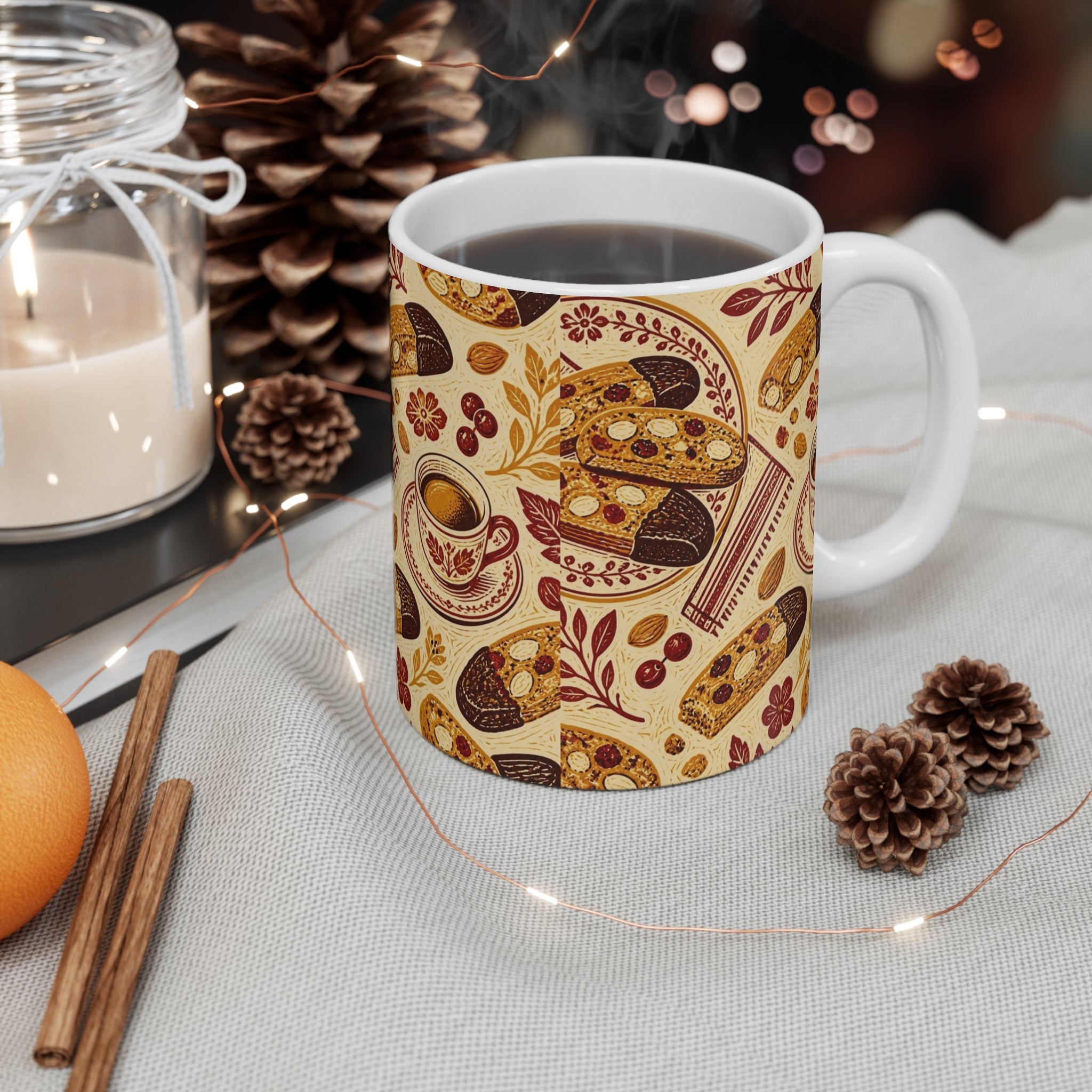 Almond Biscotti 11oz Ceramic Mug Mediterranean Kitchen Linocut Design Italian Cottagecore Gift