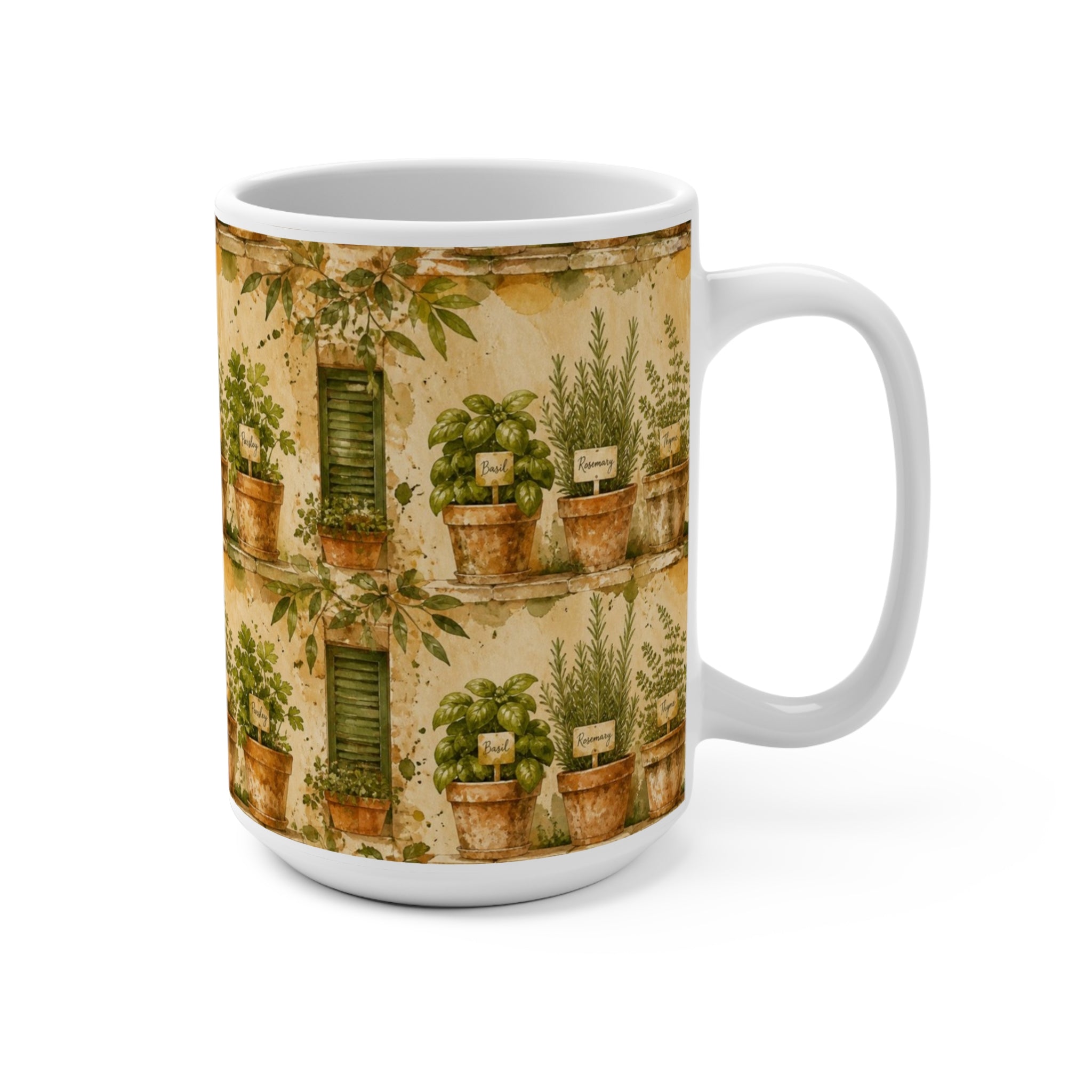 Terracotta Herb Pots 15oz Ceramic Mug Mediterranean Kitchen Watercolor Splash Design Italian Cottagecore Gift