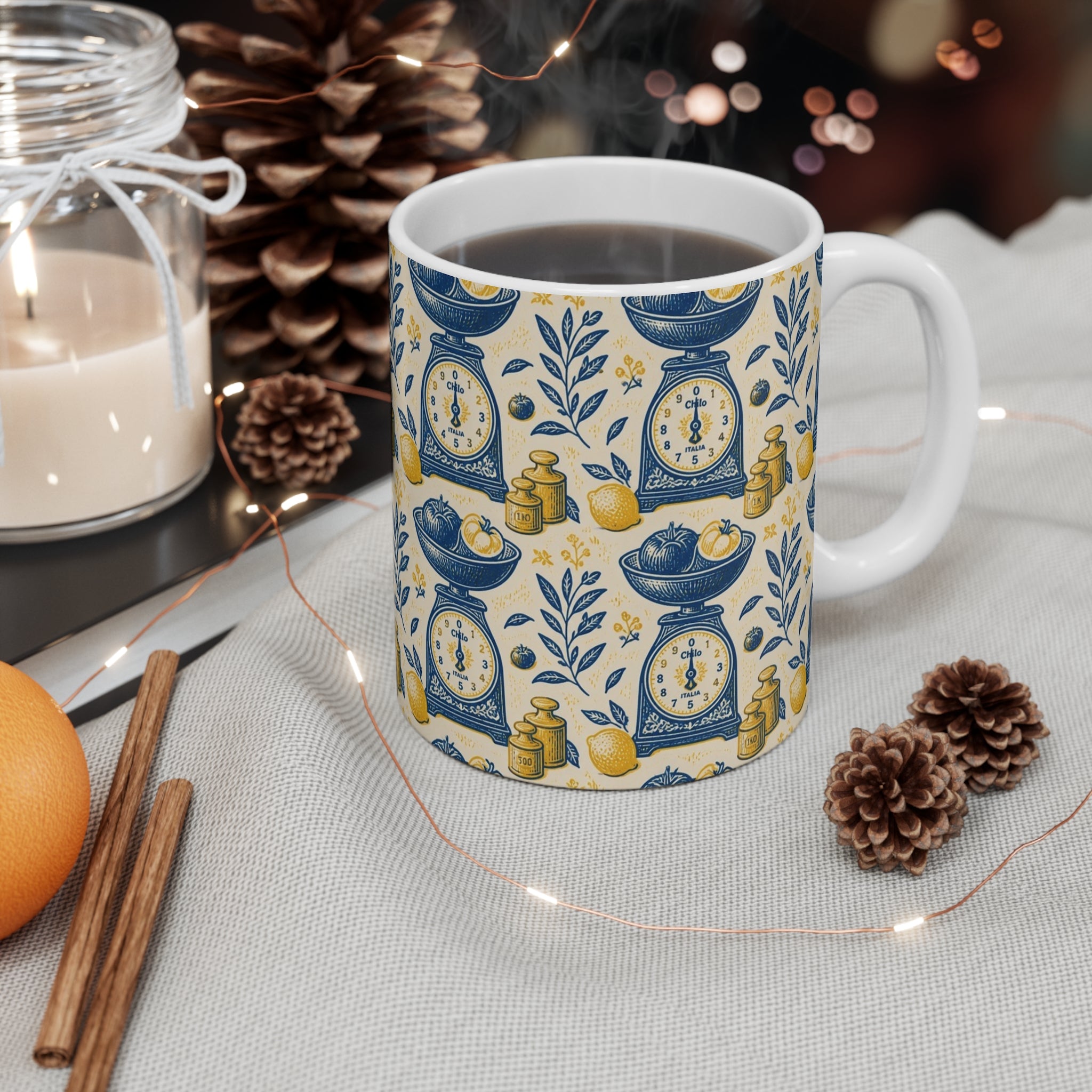 Vintage Kitchen Scale 11oz Ceramic Mug Mediterranean Kitchen Linocut Design Italian Cottagecore Gift