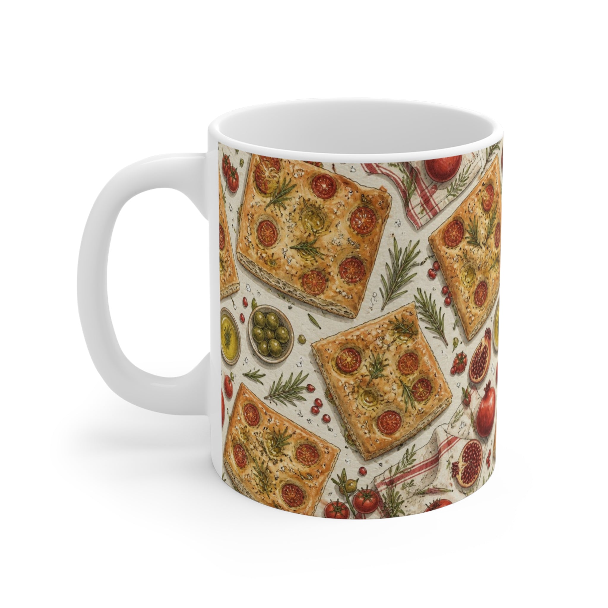 Focaccia Bread 11oz Ceramic Mug Mediterranean Kitchen Watercolor Design Italian Cottagecore Gift