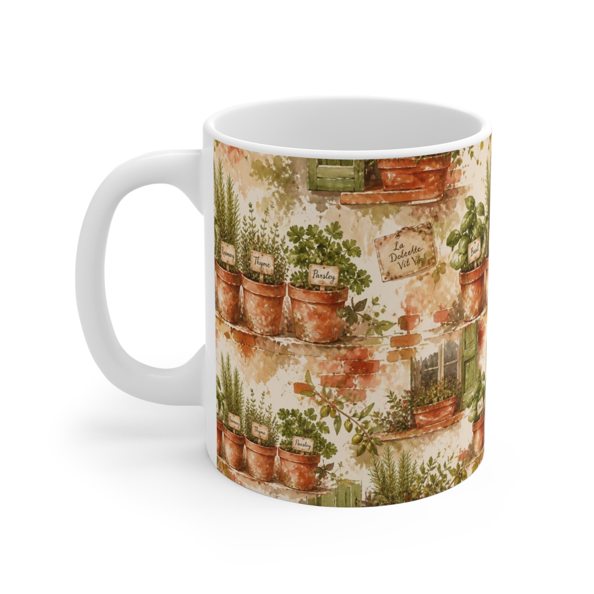 Terracotta Herb Pots 11oz Ceramic Mug Mediterranean Kitchen Watercolor Splash Design Italian Cottagecore Gift