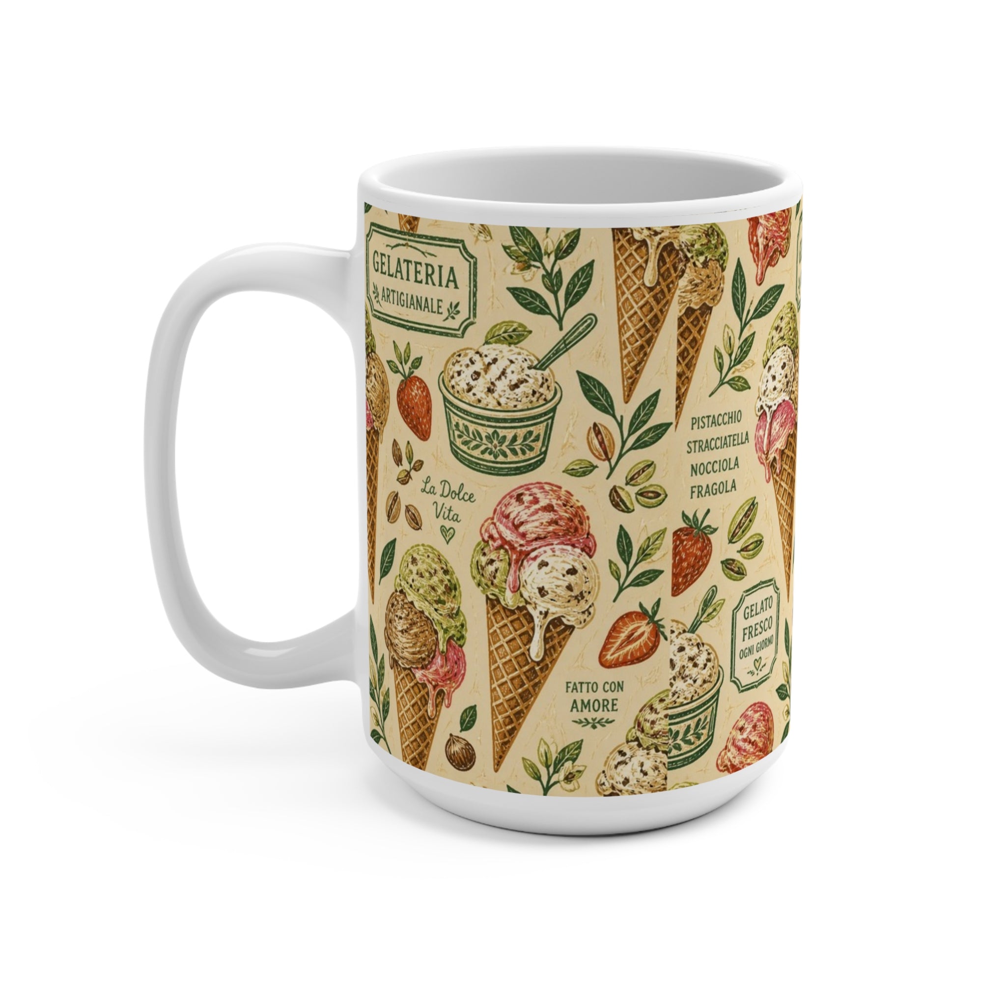 Gelato Scoops 15oz Ceramic Mug Mediterranean Kitchen Linocut Design Italian Cottagecore Gift