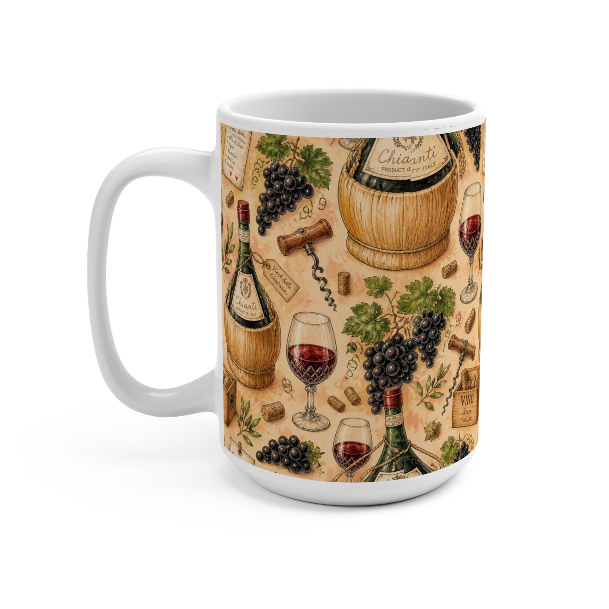 Wine Bottles & Glasses 15oz Ceramic Mug Mediterranean Kitchen Watercolor Design Italian Cottagecore Gift