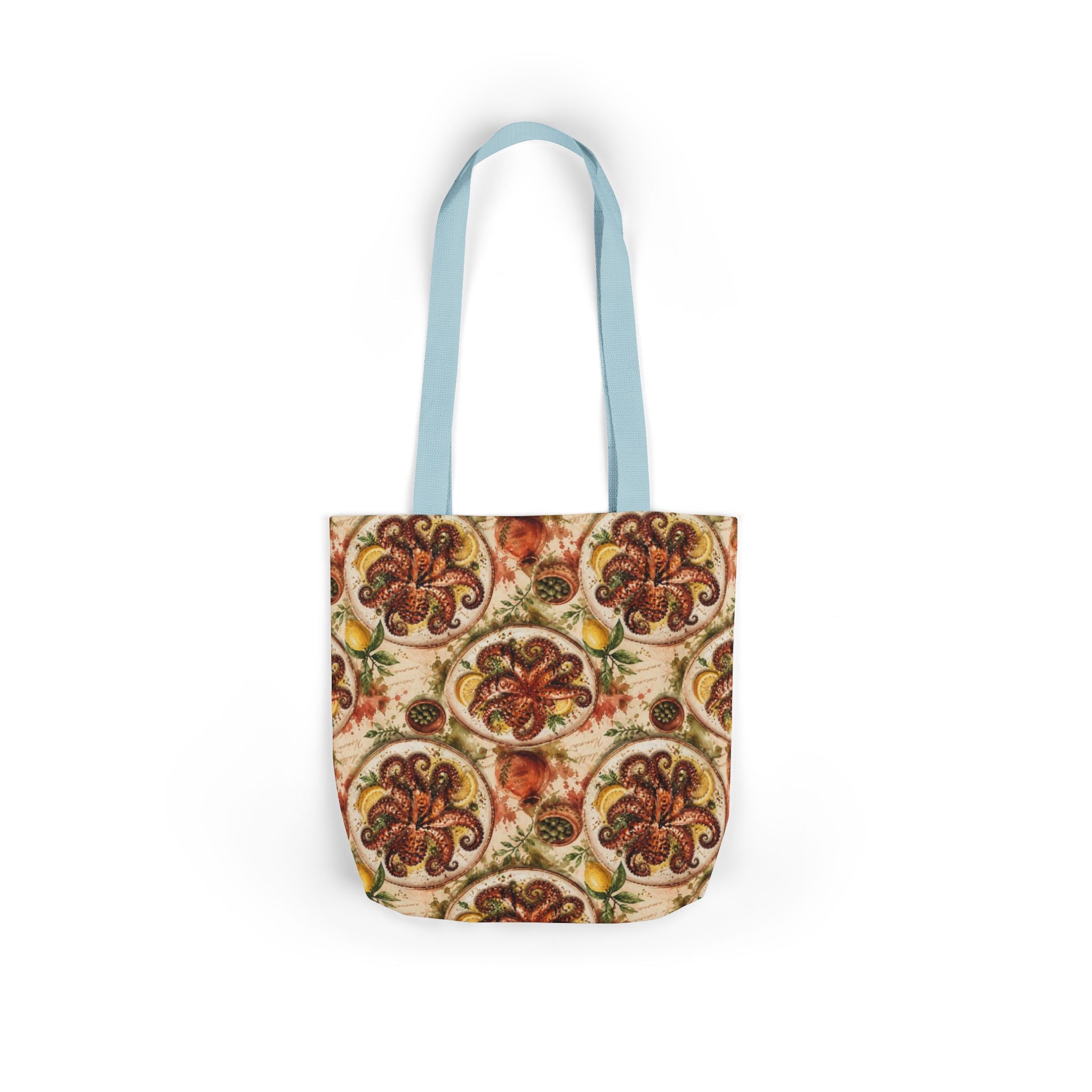 Grilled Octopus Canvas Tote Bag Mediterranean Kitchen Watercolor Splash Design Italian Cottagecore Gift
