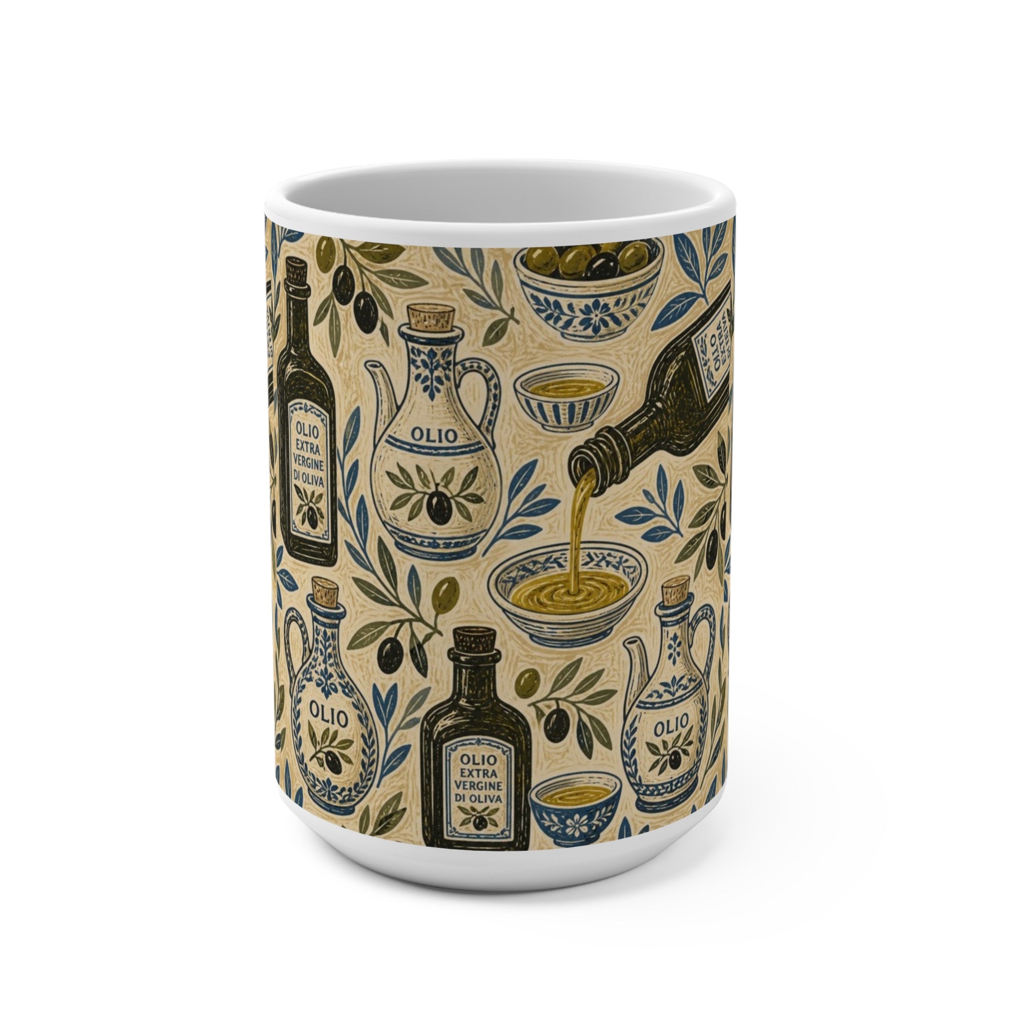 Olive Oil Bottles 15oz Ceramic Mug Mediterranean Kitchen Linocut Design Italian Cottagecore Gift