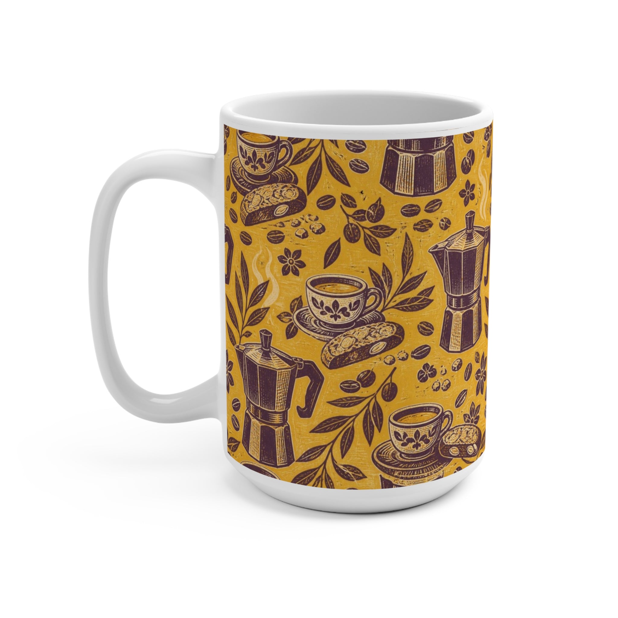 Espresso Moka Pot 15oz Ceramic Mug Mediterranean Kitchen Linocut Design Italian Cottagecore Gift