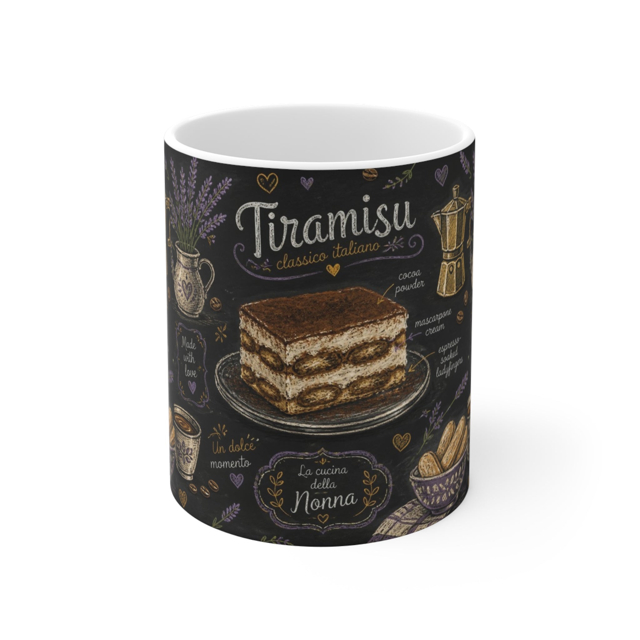 Tiramisu Layers 11oz Ceramic Mug Mediterranean Kitchen Chalk Art Design Italian Cottagecore Gift
