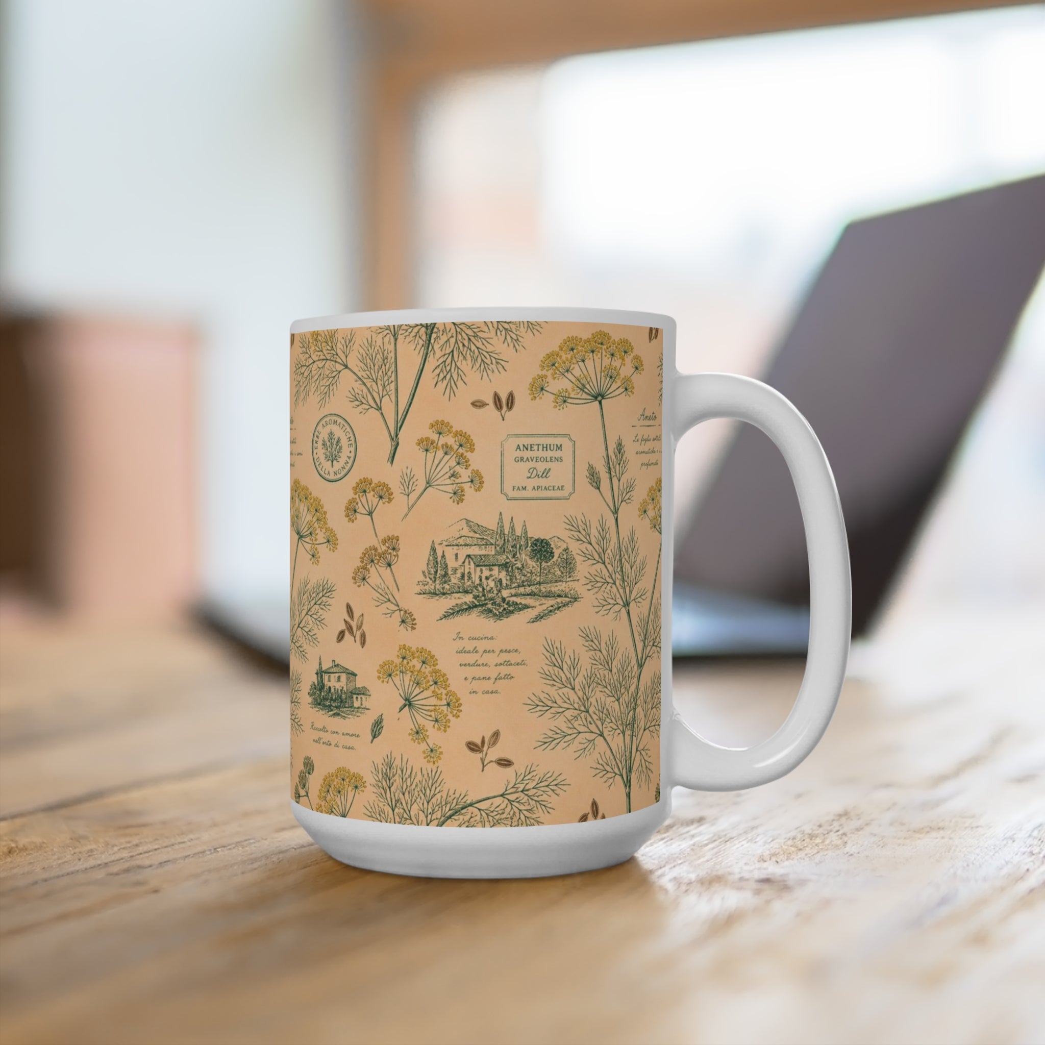 Dill Fronds 15oz Ceramic Mug Mediterranean Kitchen Botanical Design Italian Cottagecore Gift